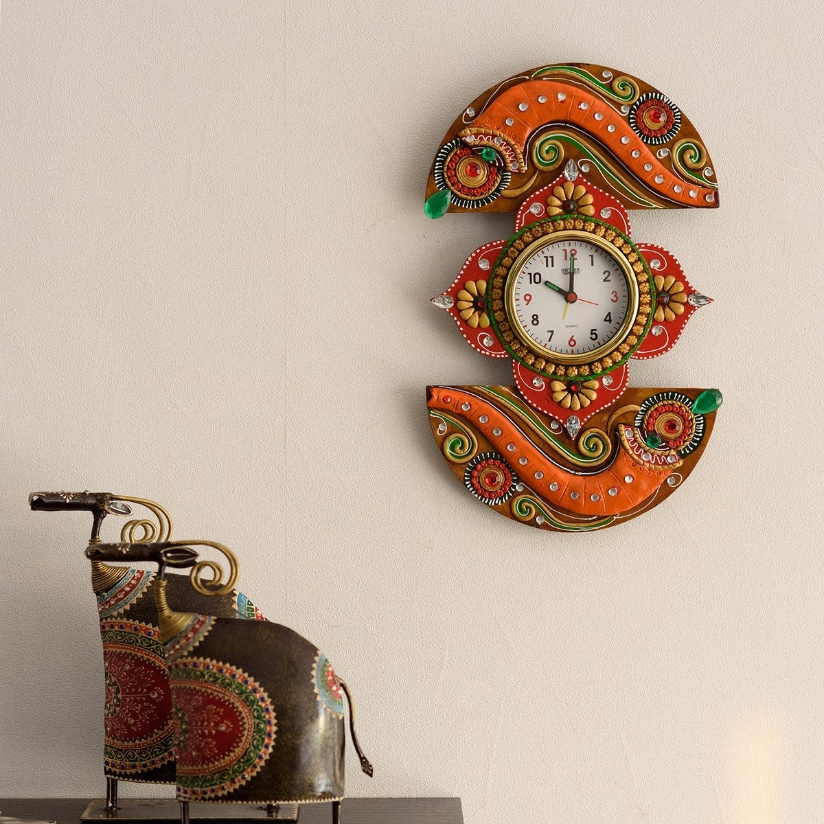 Shehnai Embossed Artistic Papier-Mache Wooden Handicrafted Wall Clock 1