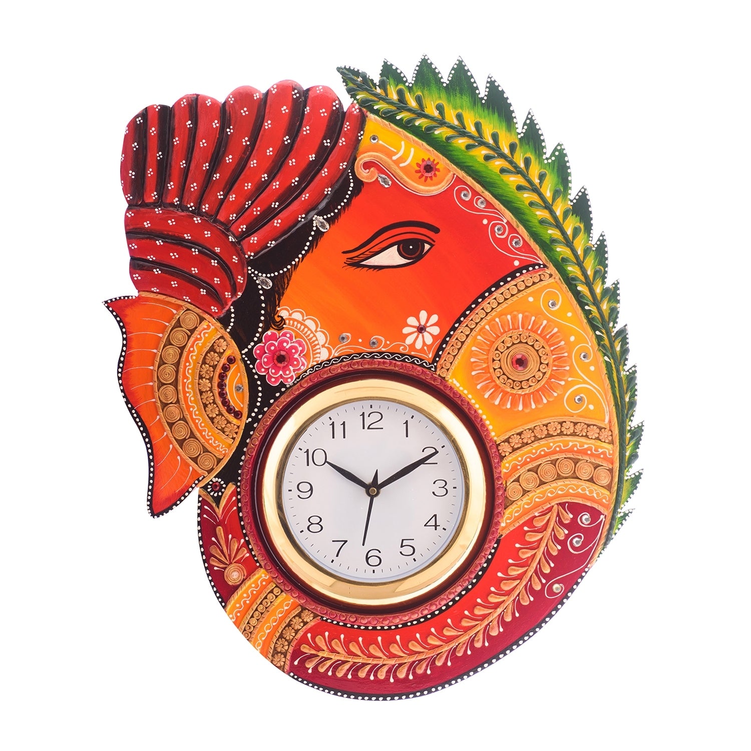 Turban Lord Ganesha Colorful Wooden Handcrafted Wooden Wall Clock (H - 18Inch)