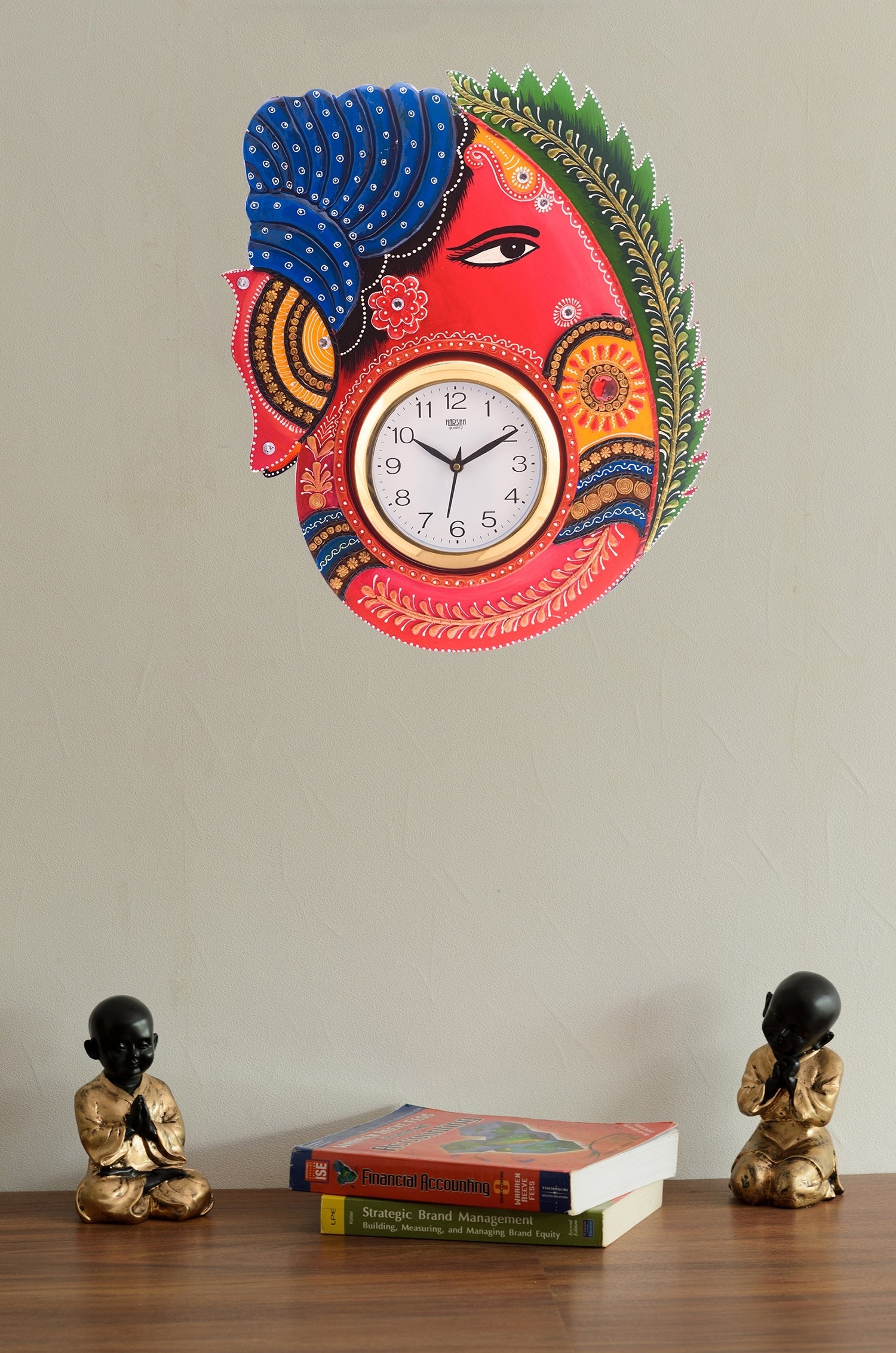 Turban Lord Ganesha Colorful Wooden Handcrafted Wooden Wall Clock (H - 18Inch) 1