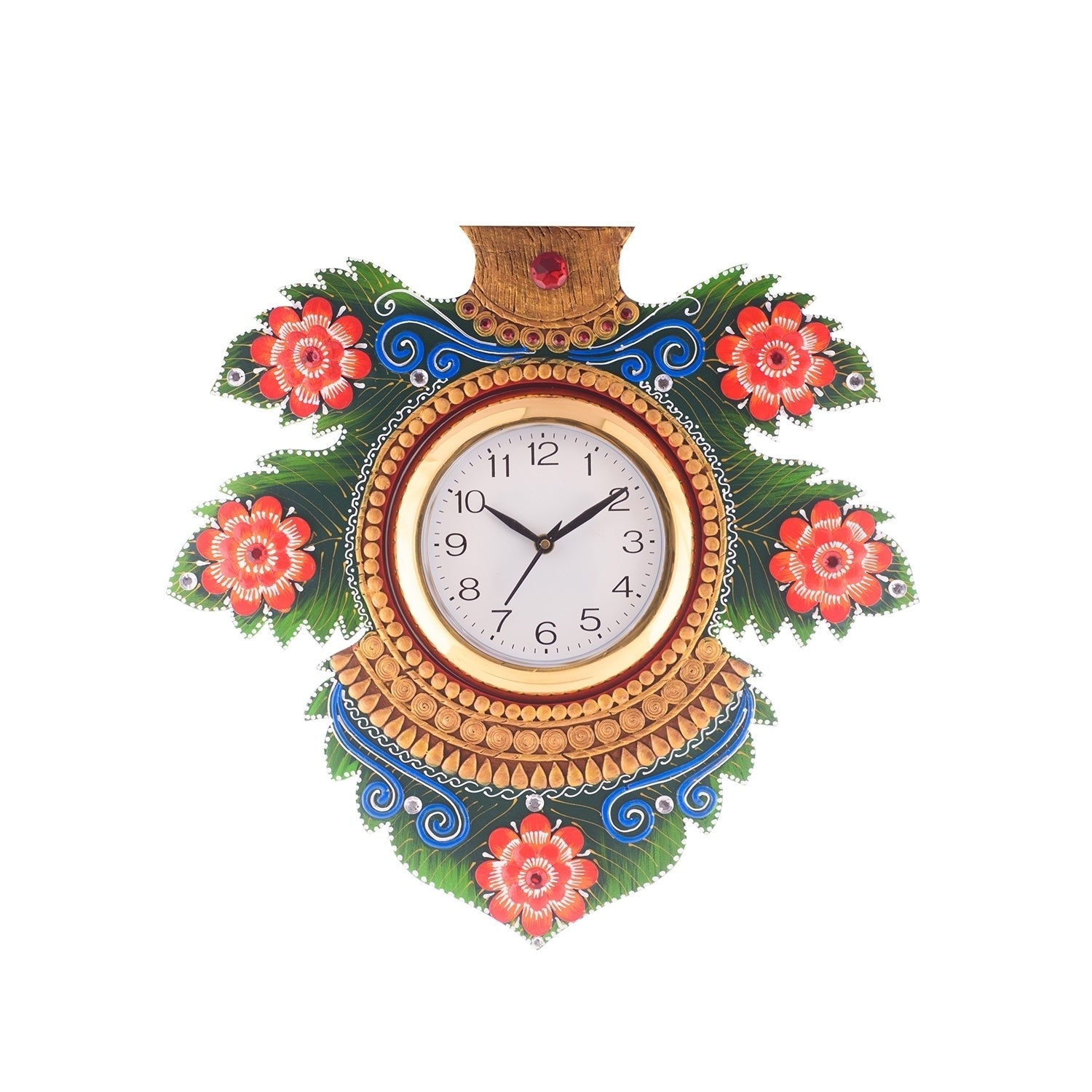 Floral Lead Shape Wooden Handcrafted Wooden Wall Clock (H - 15.5 Inch)