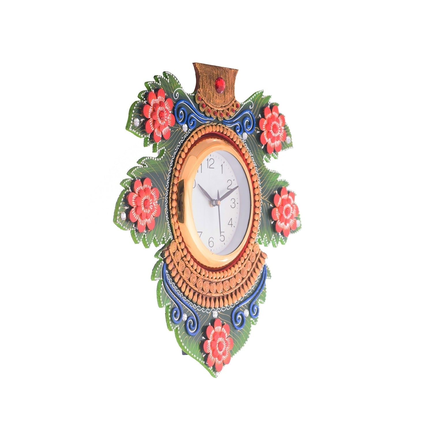 Floral Lead Shape Wooden Handcrafted Wooden Wall Clock (H - 15.5 Inch) 4