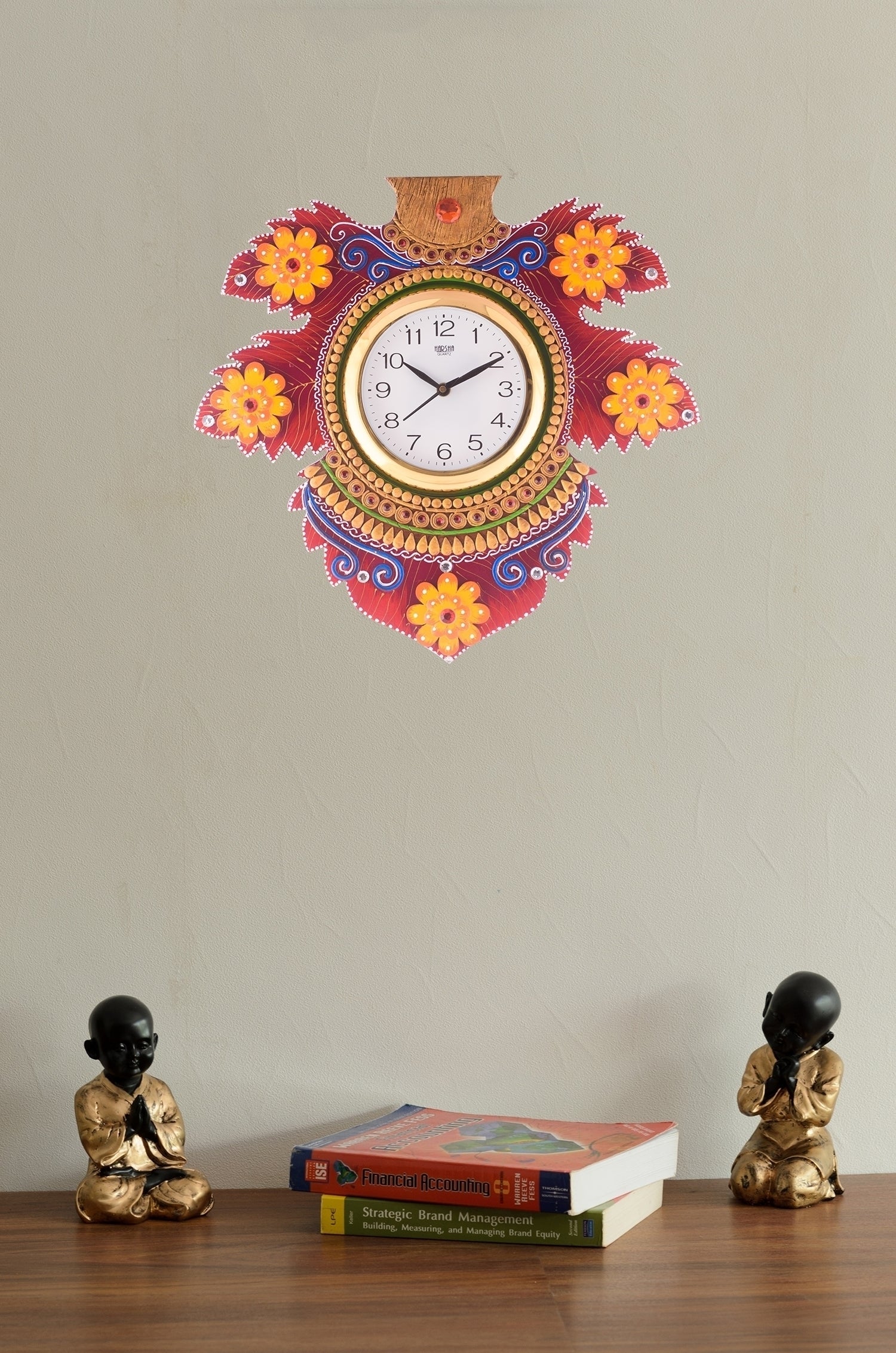 Floral Lead Shape Wooden Handcrafted Wooden Wall Clock (H - 15.5 Inch) 1