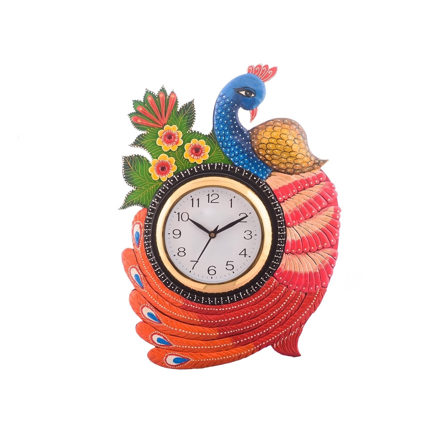 Exotic and Stylish Colorful Peacock Wooden Handcrafted Wooden Wall Clock (H - 16.5 Inch)