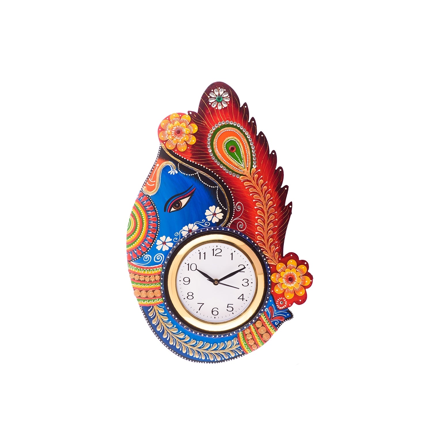 Turban Lord Ganesha Colorful Wooden Handcrafted Wooden Wall Clock (H - 18Inch)