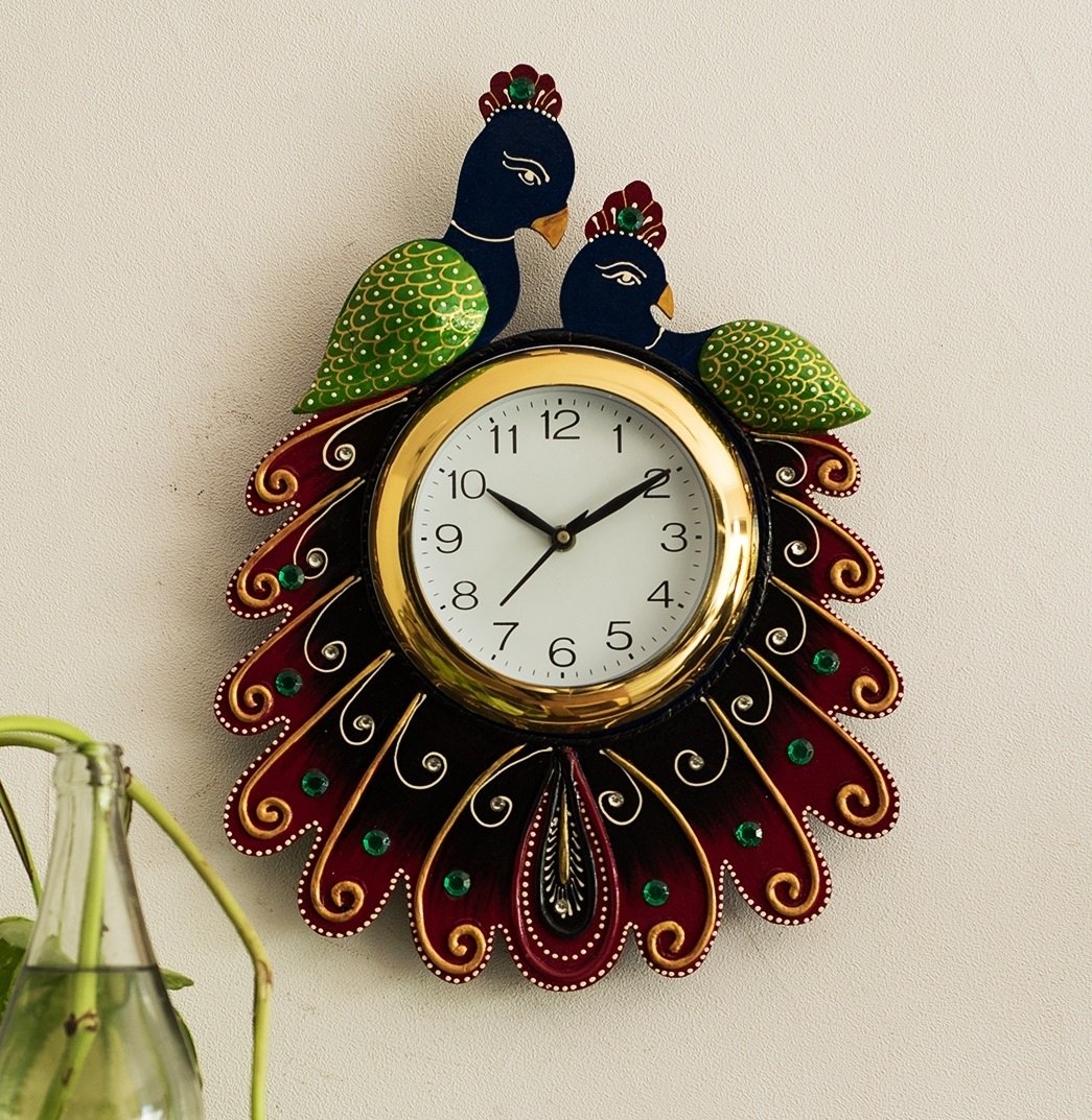 Handcrafted Papier-Mache 2 Peacocks Decorative Wall Clock 1