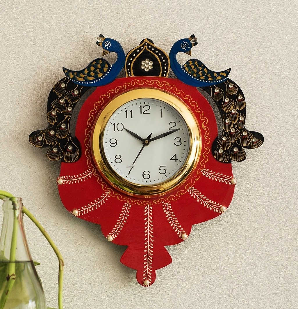 Handcrafted Papier-Mache 2 Peacocks Decorative Wall Clock 1