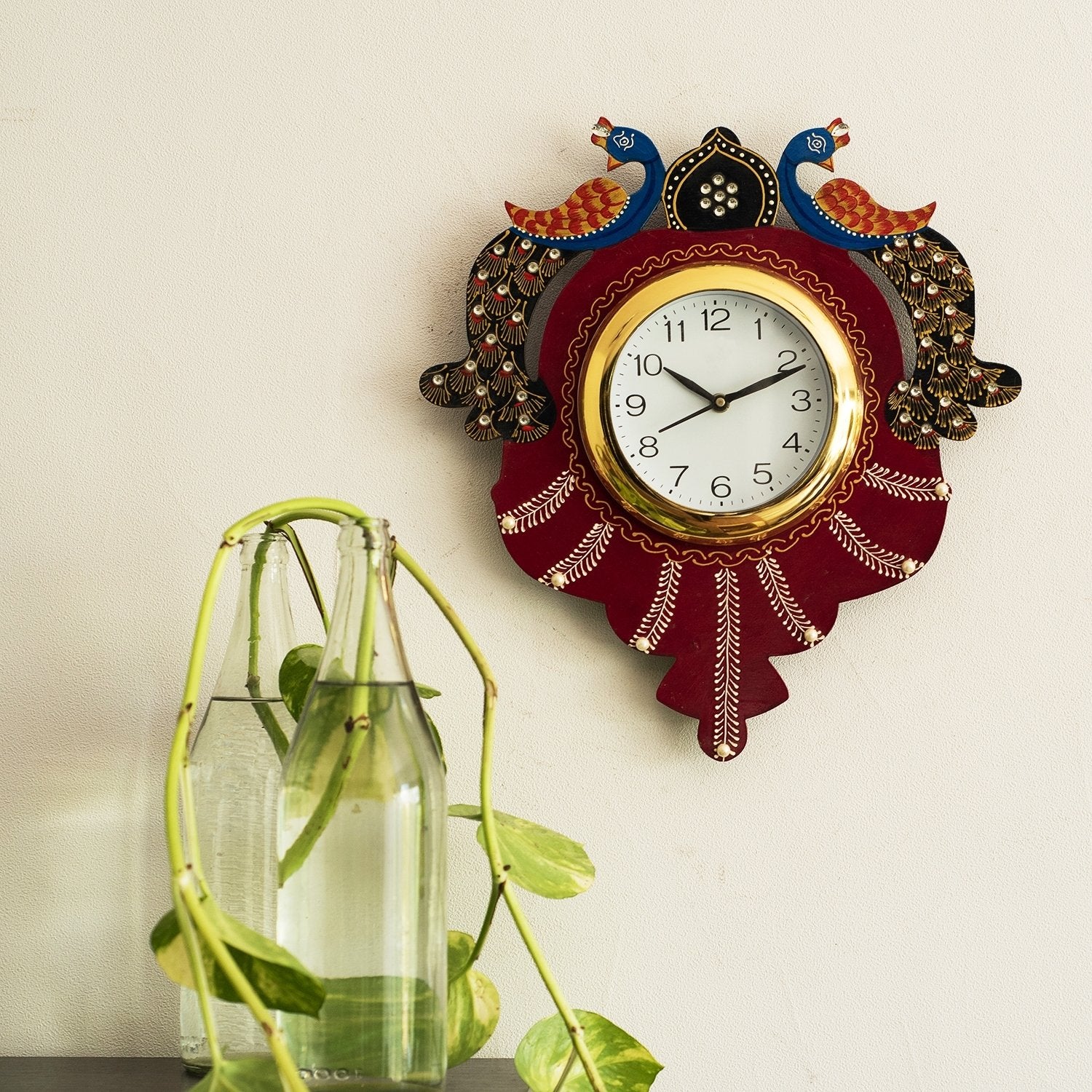 Handcrafted Papier-Mache 2 Peacocks Decorative Wall Clock 3
