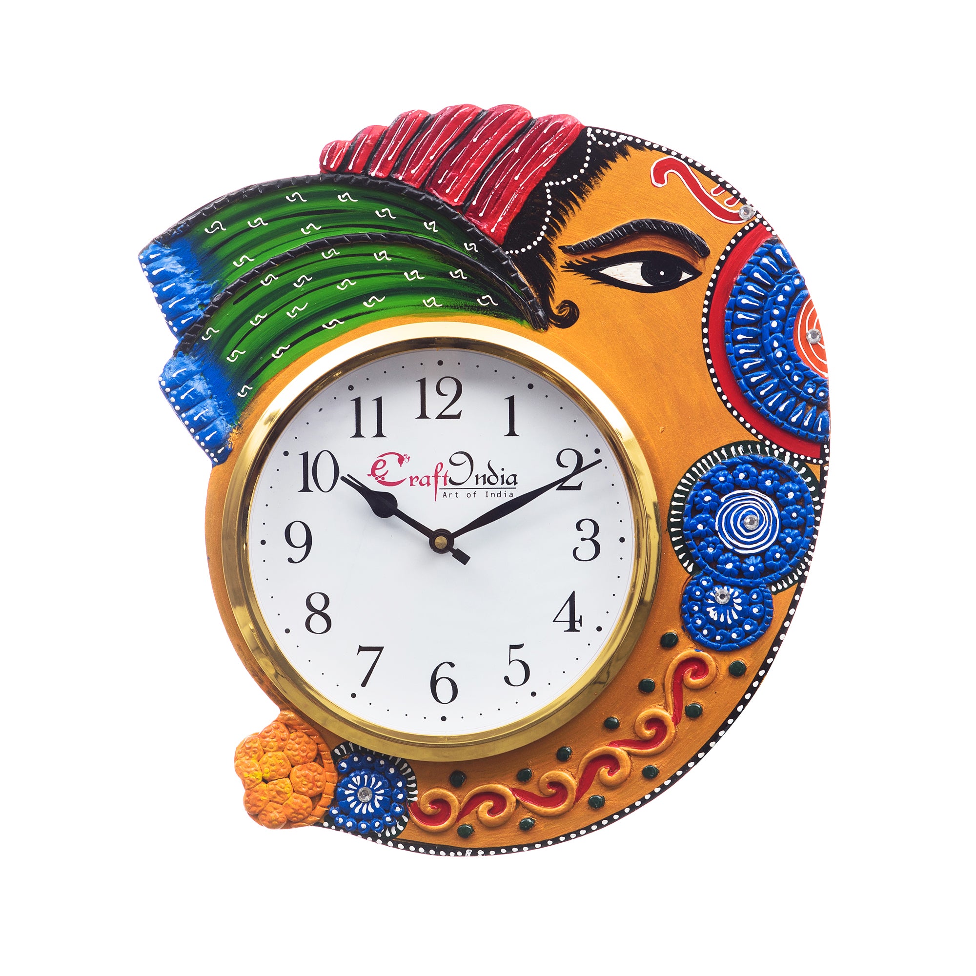 Handicraft Lord Ganesha Analog Wall Clock (Orange & Blue, With Glass)