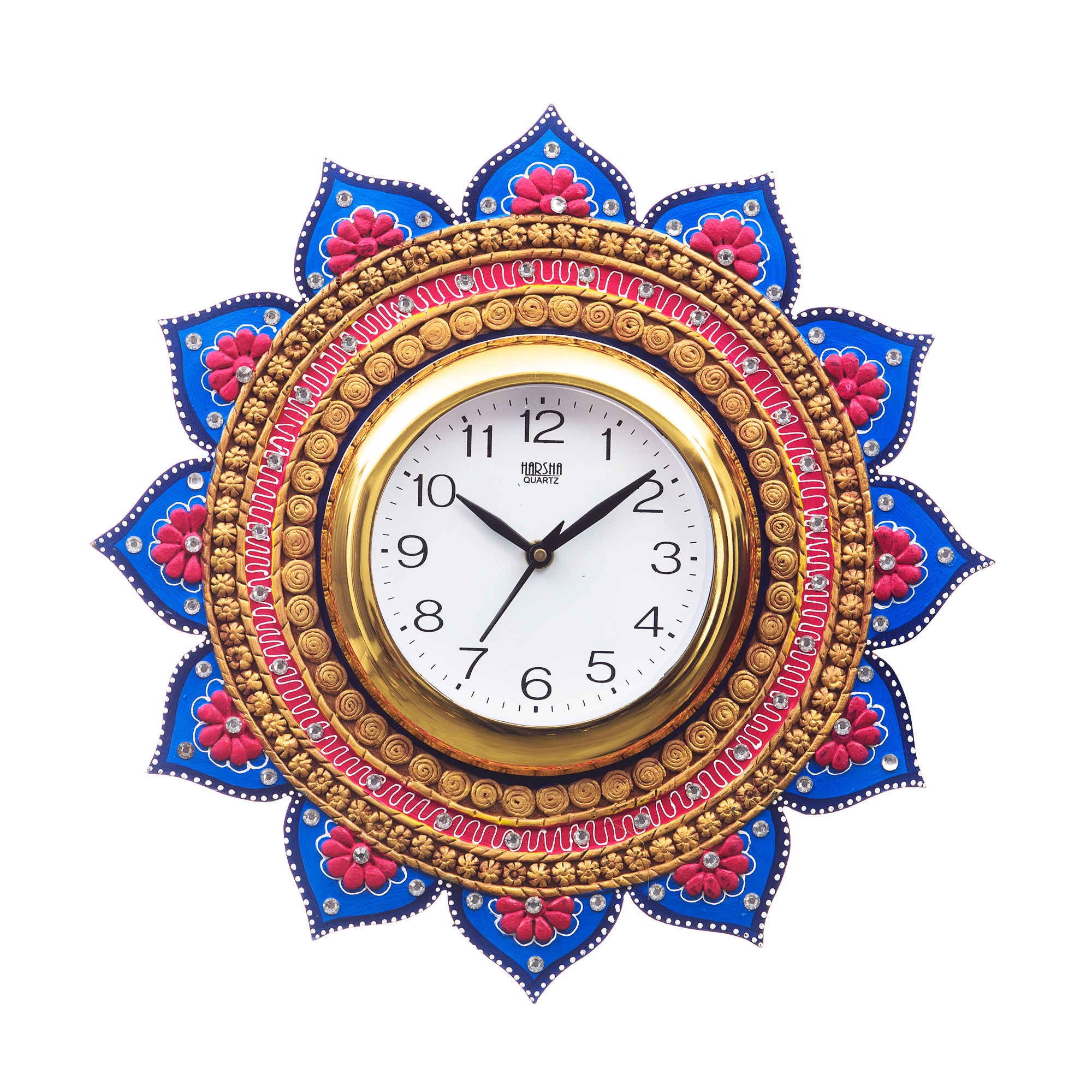 Analog Wall Clock (Gold & Blue, With Glass)