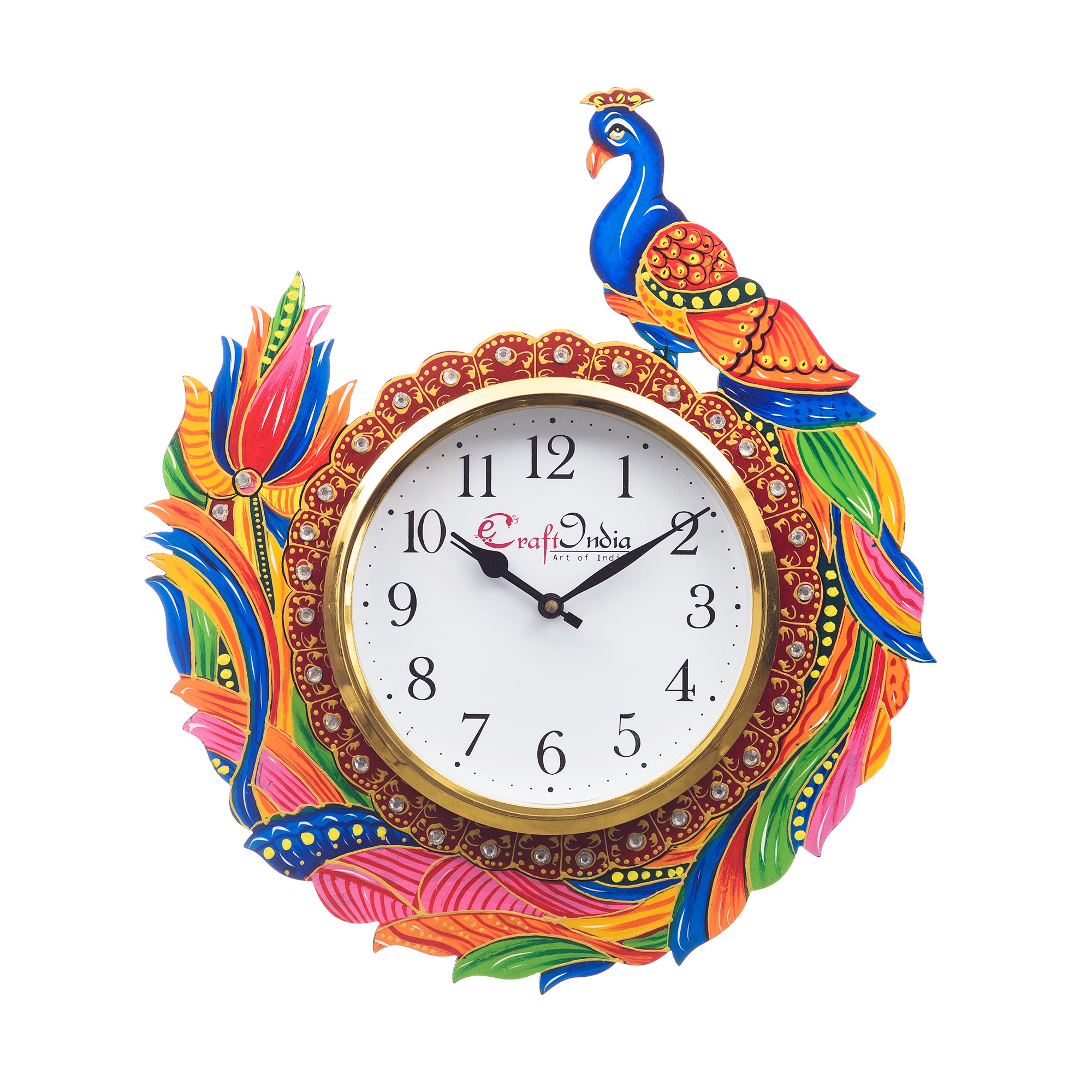 Handicraft Peacock Analog Wall Clock (Red & Green, With Glass)