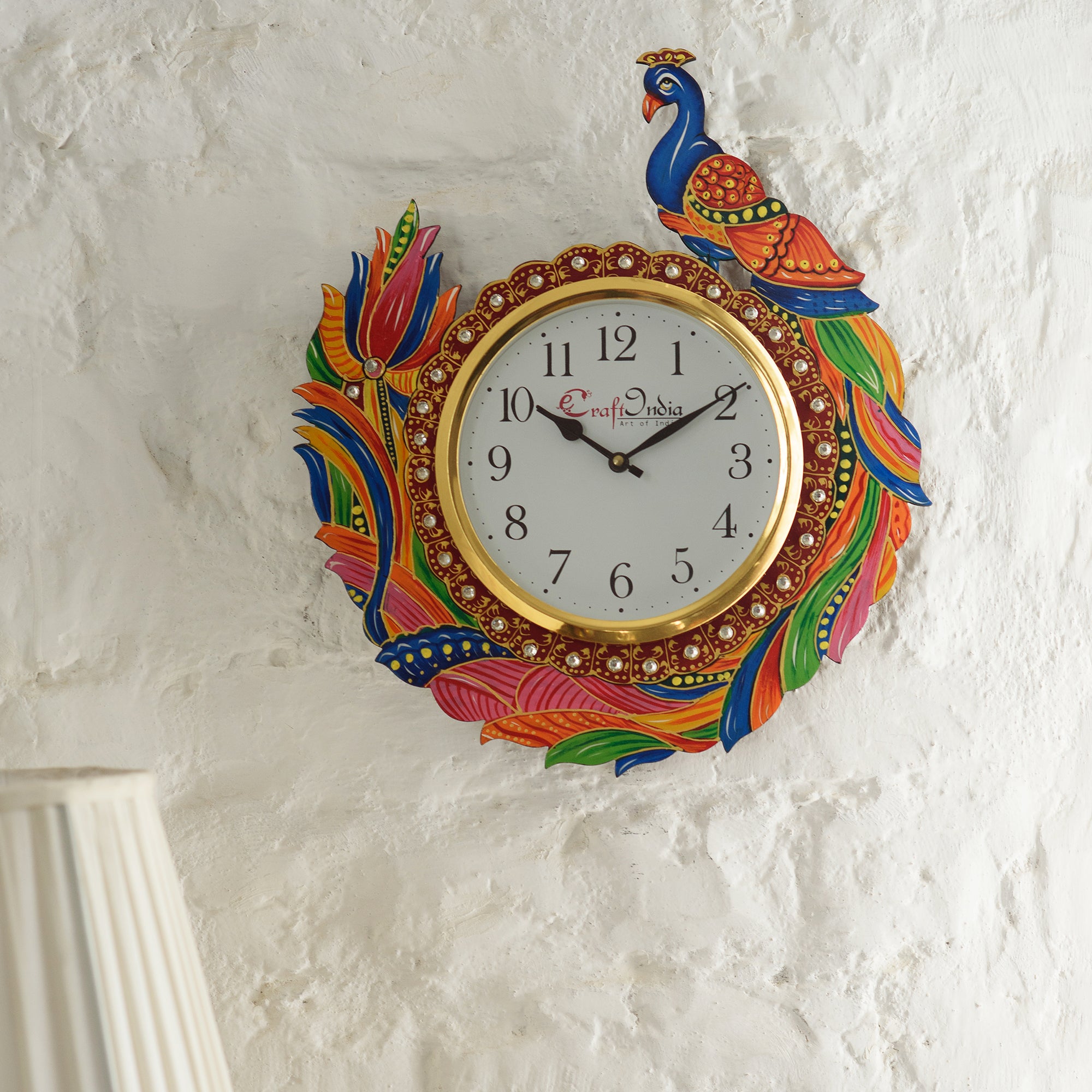 Handicraft Peacock Analog Wall Clock (Red & Green, With Glass) 1