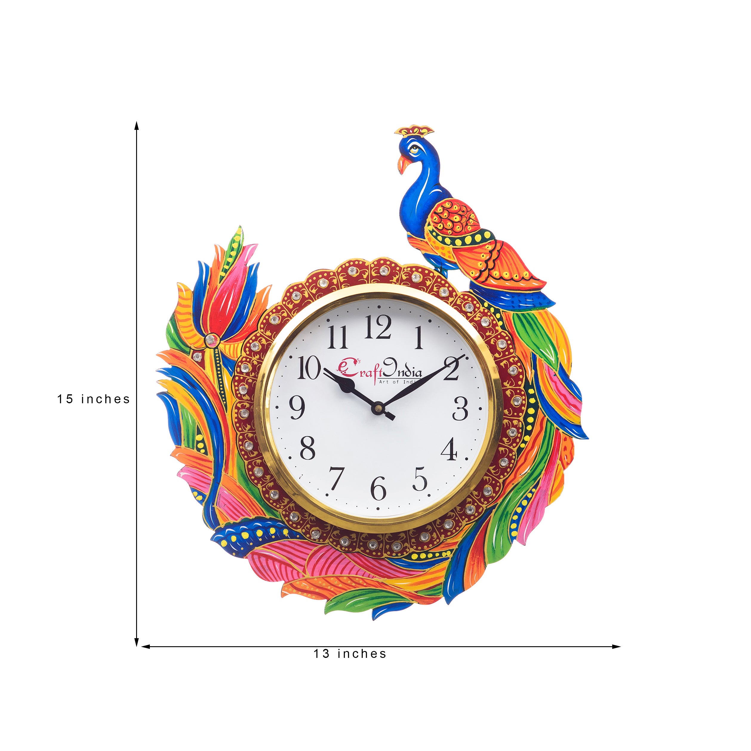 Handicraft Peacock Analog Wall Clock (Red & Green, With Glass) 2