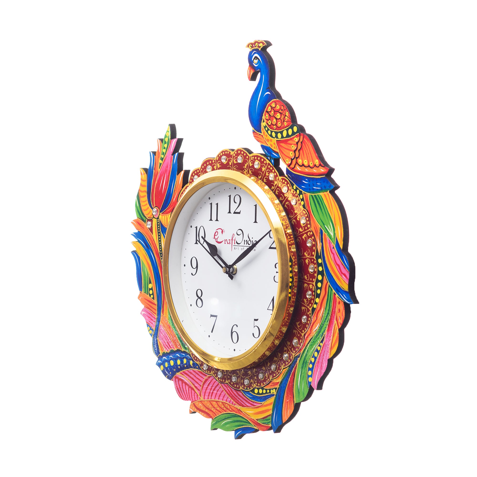 Handicraft Peacock Analog Wall Clock (Red & Green, With Glass) 3