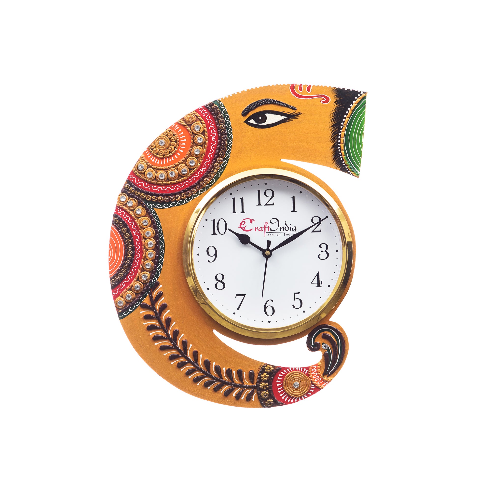 Handicraft Lord Ganesha Analog Wall Clock (Yellow & Green, With Glass)