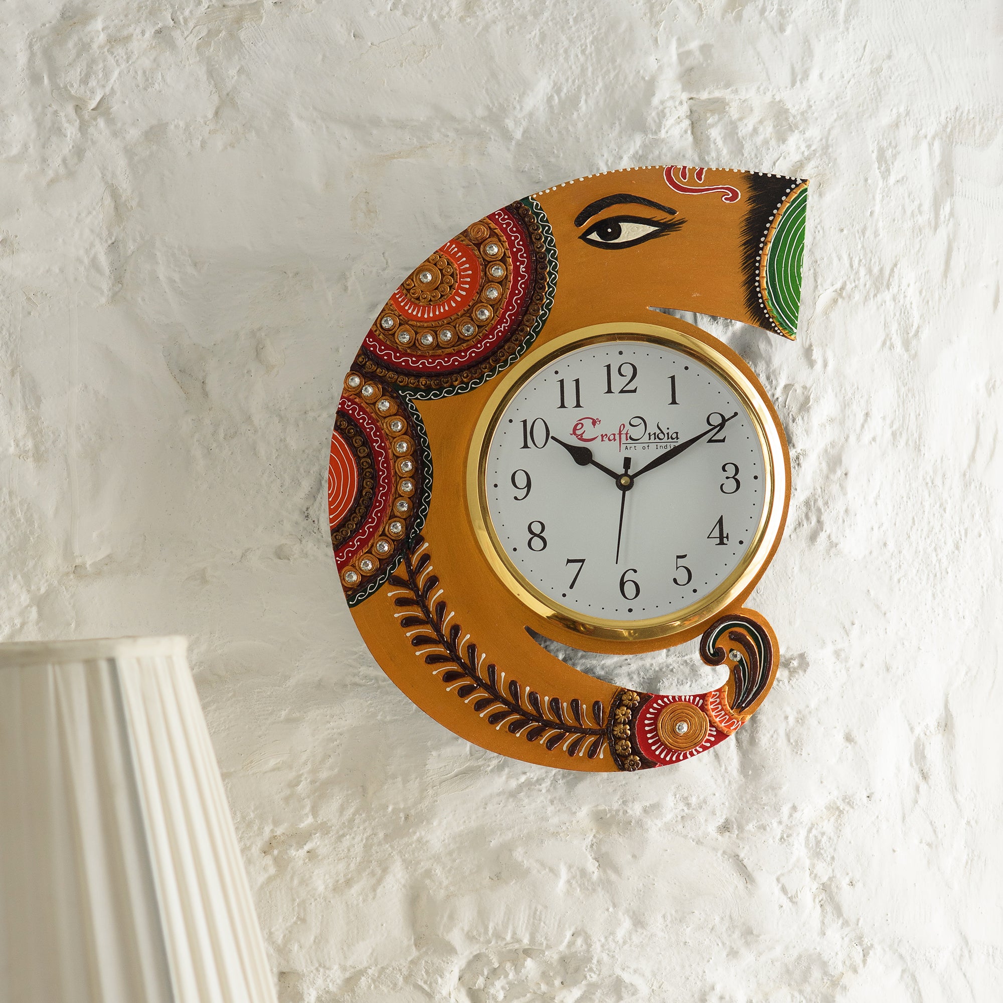 Handicraft Lord Ganesha Analog Wall Clock (Yellow & Green, With Glass) 1