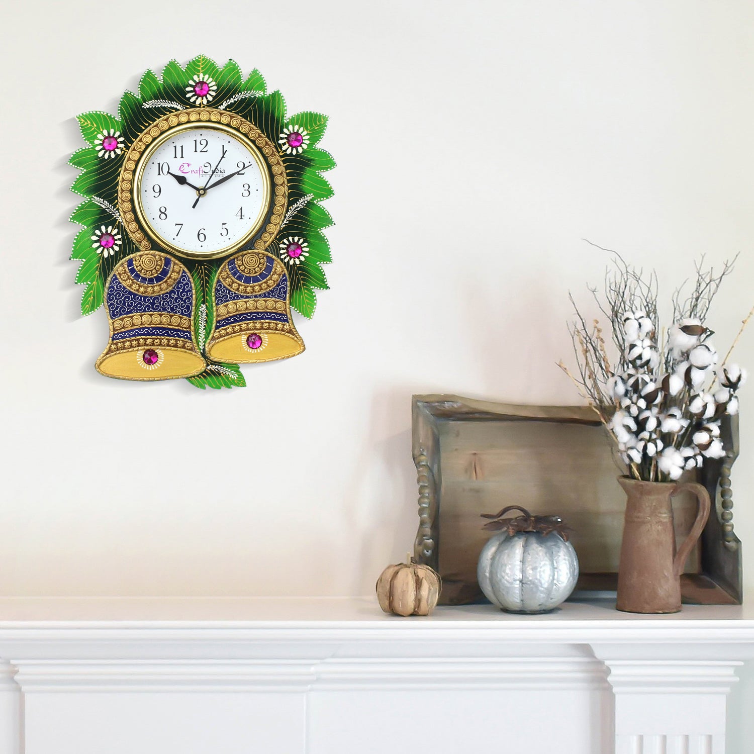 Floral Bell Design Handicrafted Paper Mache Wooden Wall Clock 1