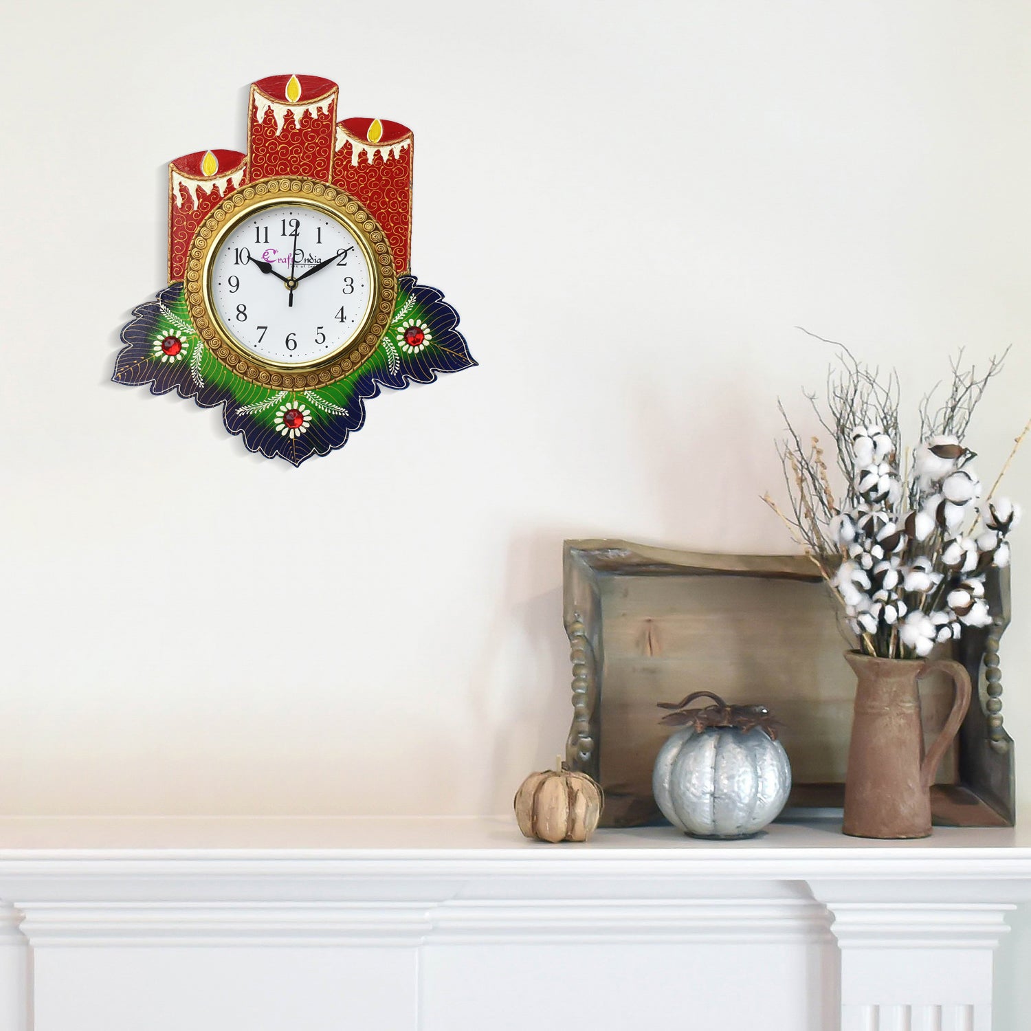 Floral Candle Design Handcrafted Wooden Wall Clock 1