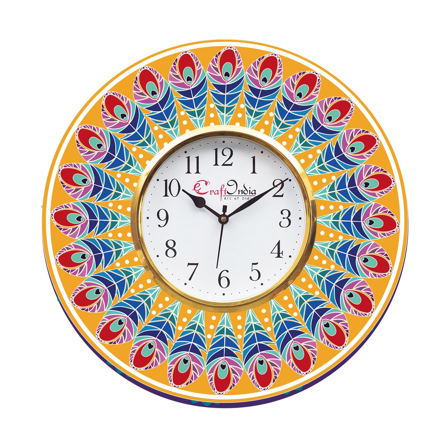 Ethnic Feather Design Wooden Colorful Round Wall Clock