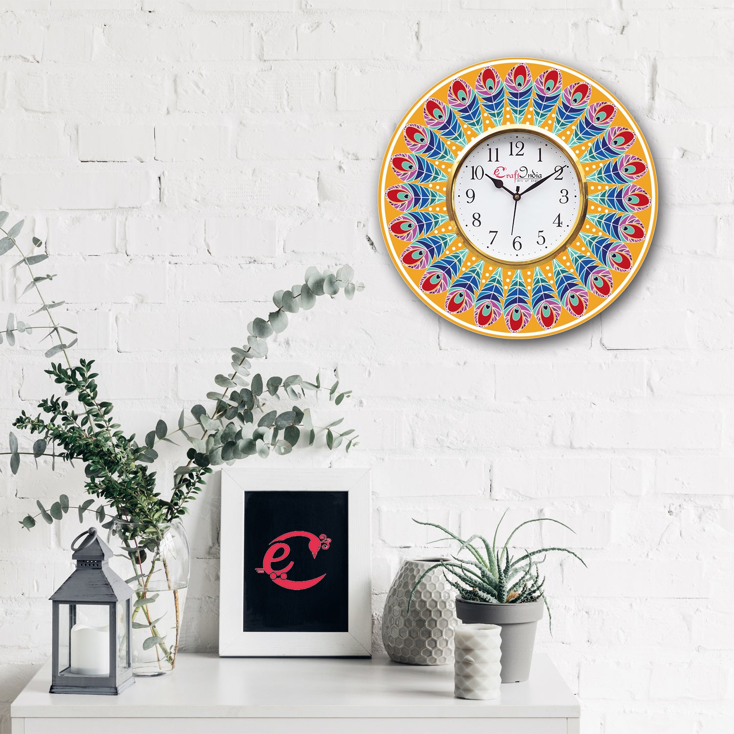 Ethnic Feather Design Wooden Colorful Round Wall Clock 1