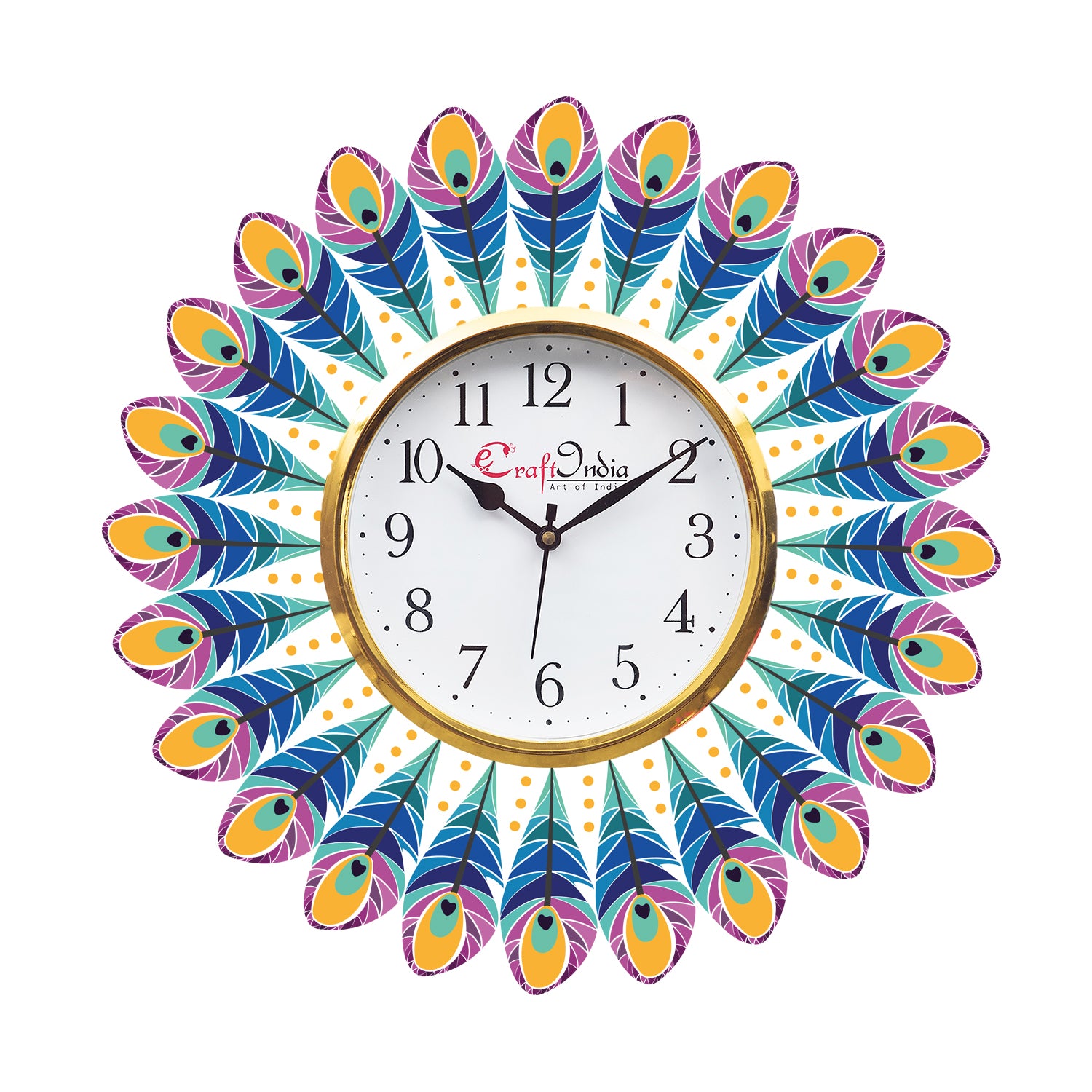 Ethnic Feather Design Wooden Colorful Round Wall Clock