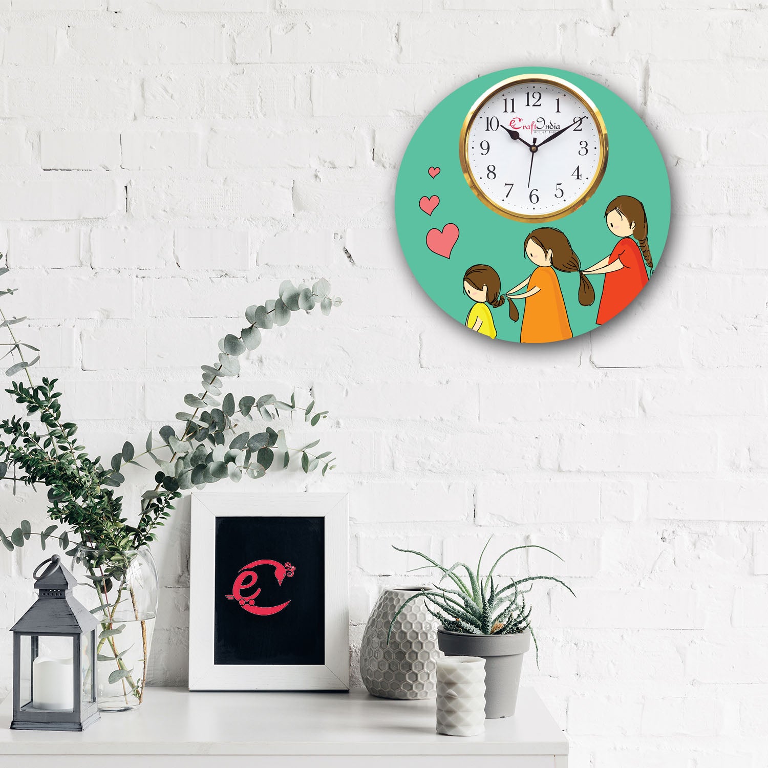 Mother Daughter Love Theme Wooden Colorful Round Wall Clock 1