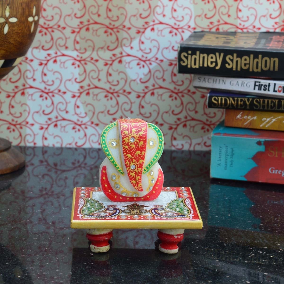 Marble Lord Ganesha Idol Chowki With Peacock And Kalash 1
