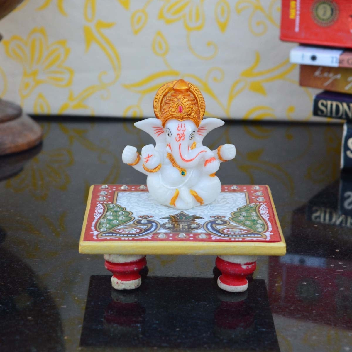 Marble Lord Ganesha Idol With Crown Peacock Design Chowki 1