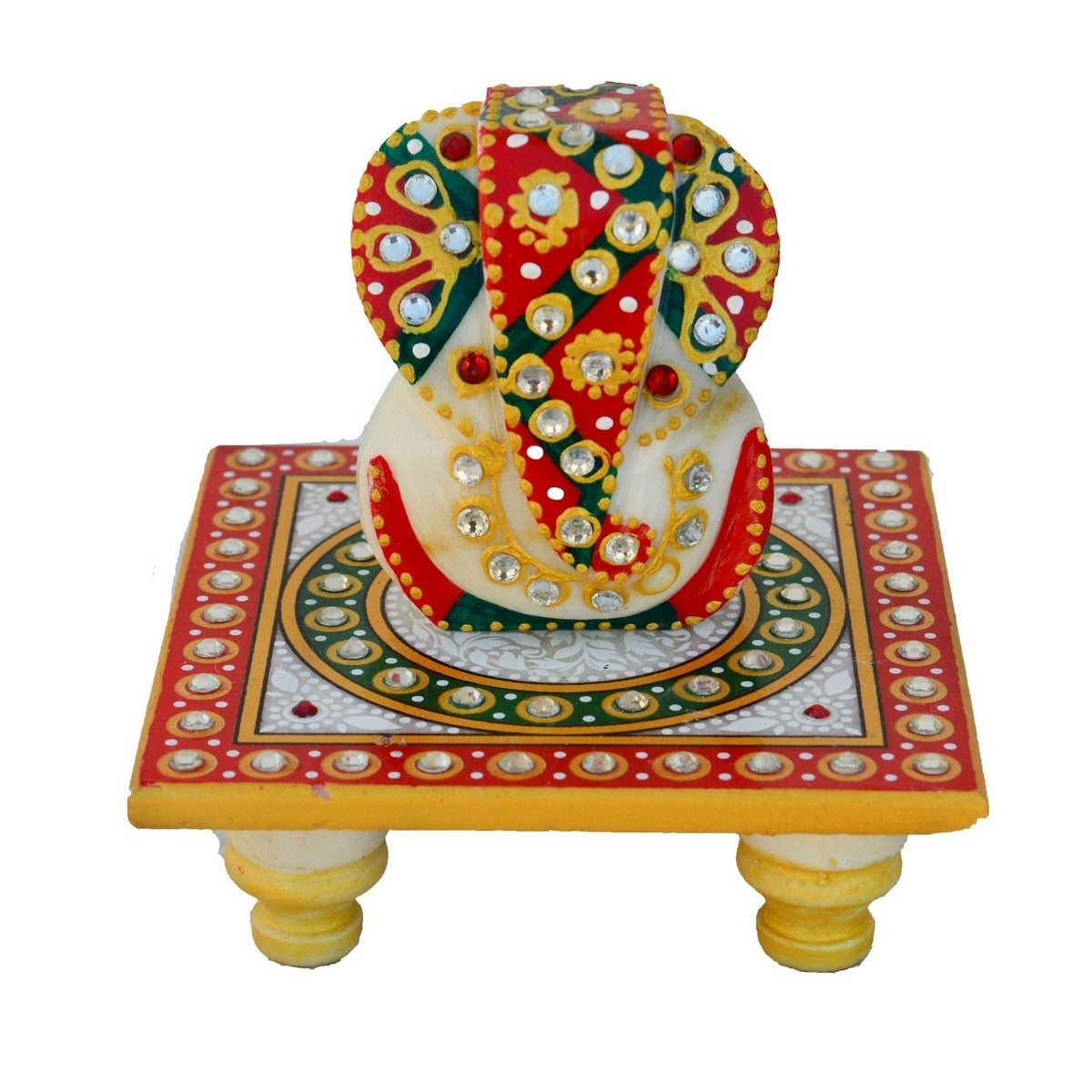 Lord Ganesha Idol On Kundan Studded Marble Chowki