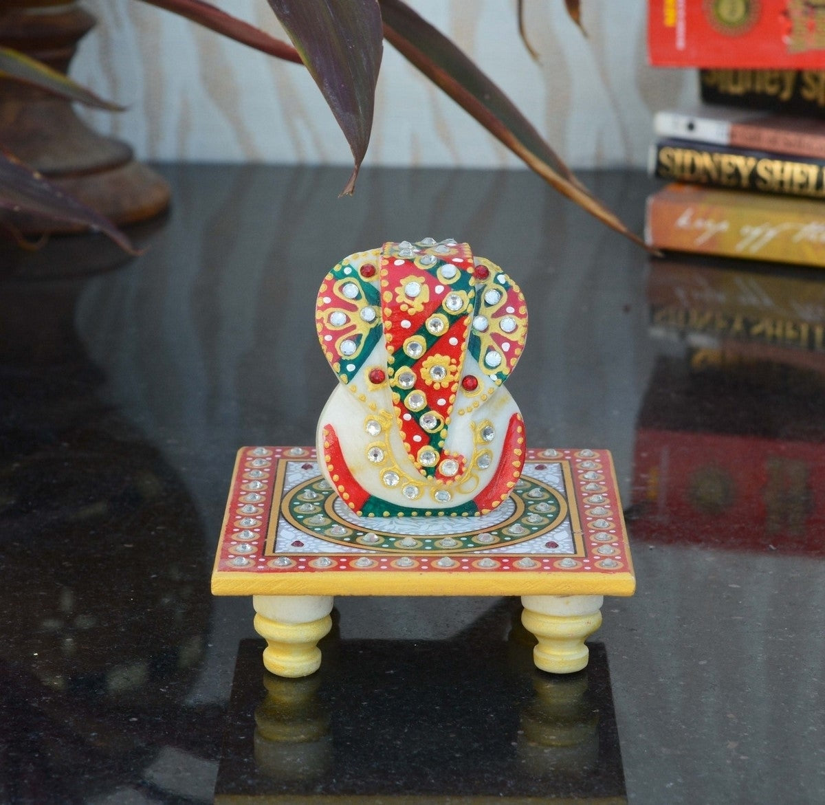 Lord Ganesha Idol On Kundan Studded Marble Chowki 1