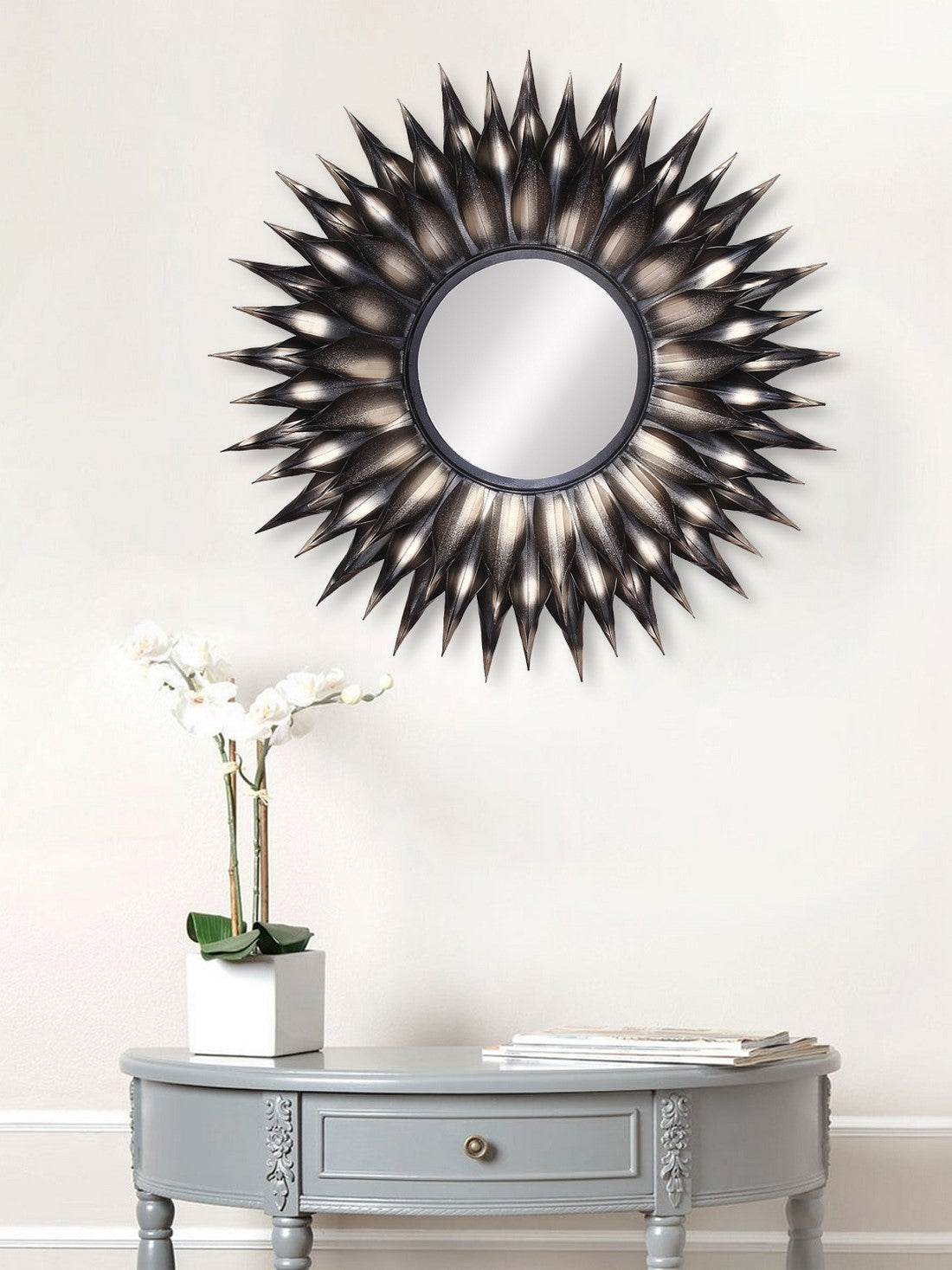 Brown and Black Decorative Metal Handcarved Wall Mirror