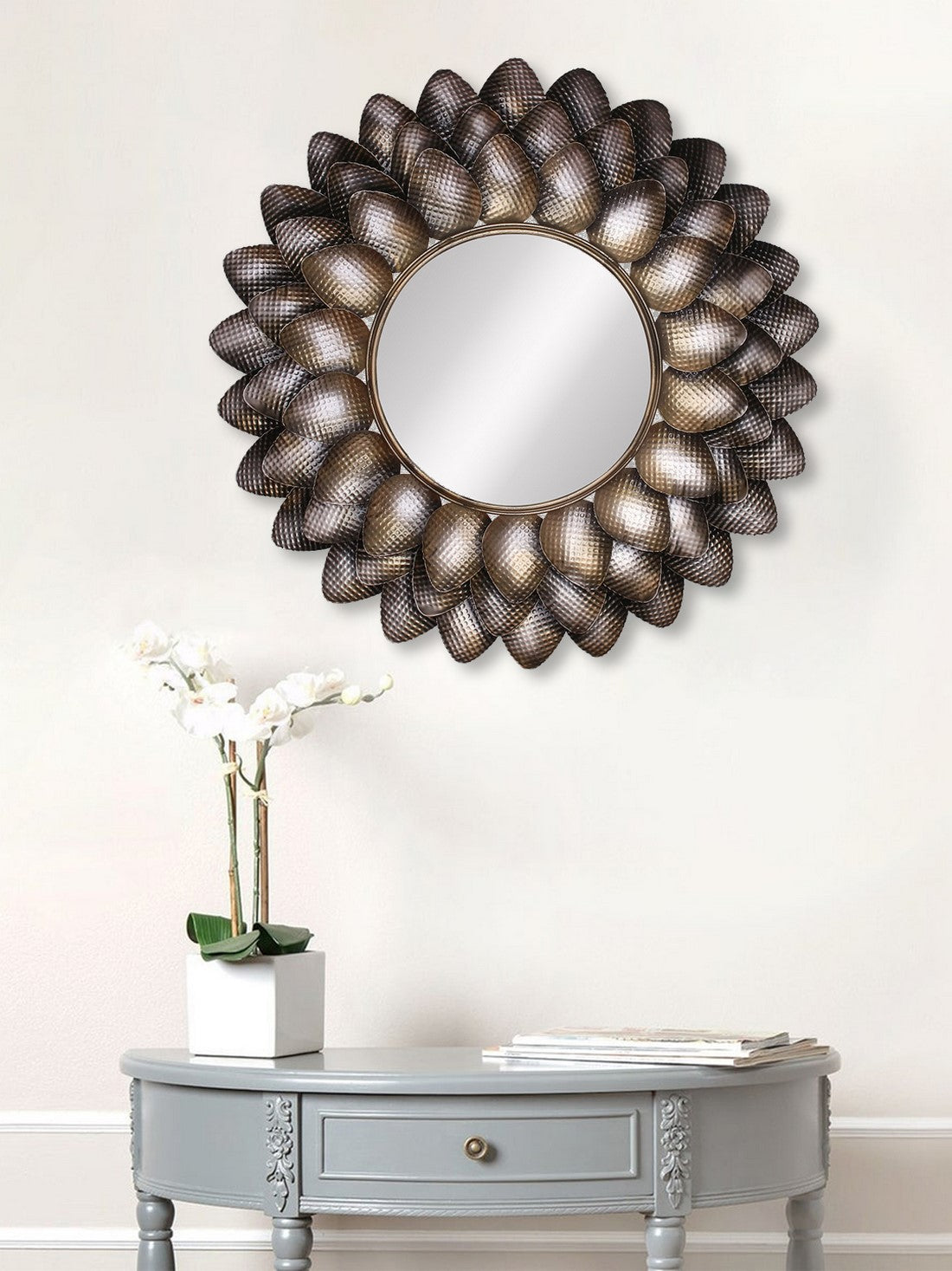 Black and Brown Decorative Metal Handcarved Wall Mirror