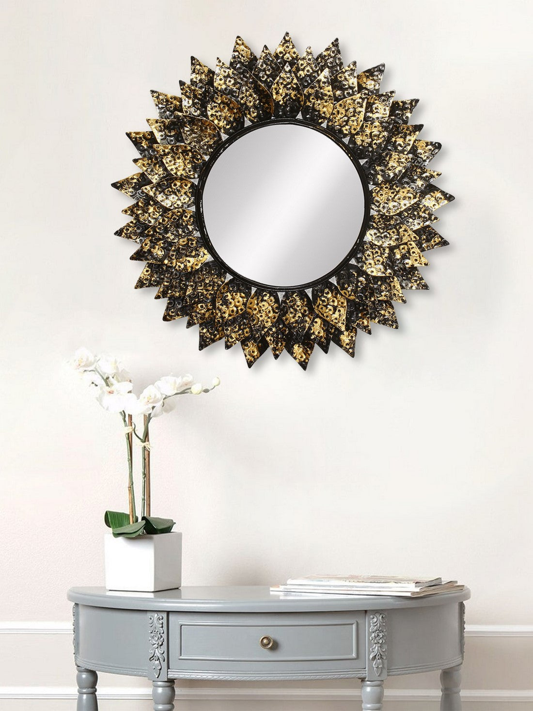 Golden and Black Decorative Metal Handcarved Wall Mirror