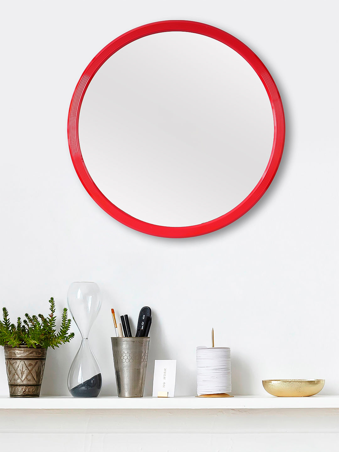 Red Stylish Plastic Fiber Round Shape Mirror (37*37*4 cm)