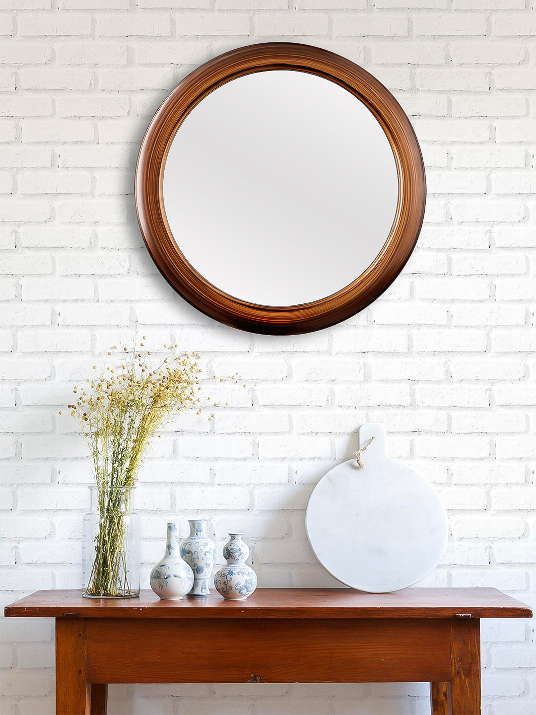 Golden Unique Design Stylish Plastic Fiber Round Shape Mirror (41*41*4 cm)