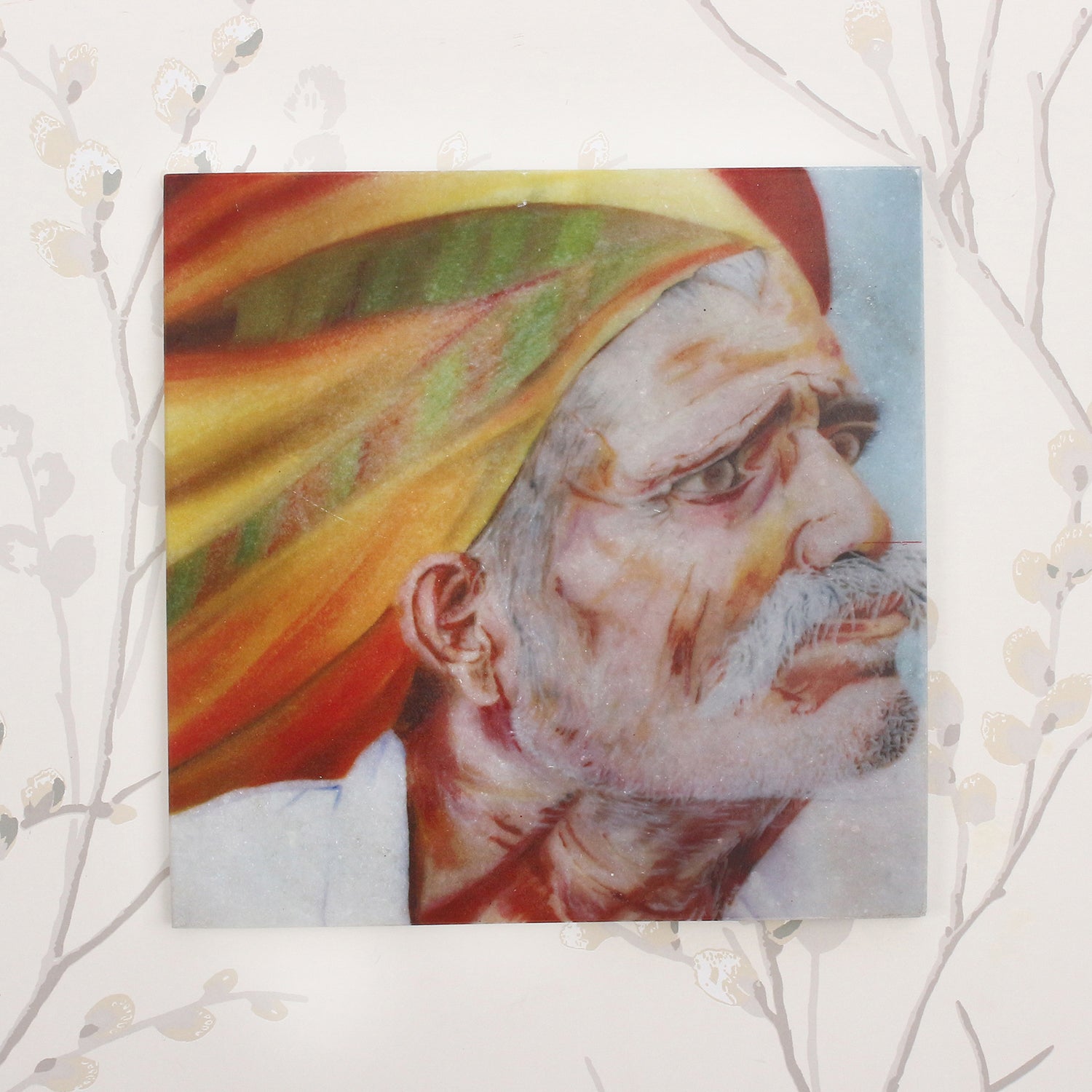 Rajasthani Old Man Wearing Turban Painting On Marble Square Tile