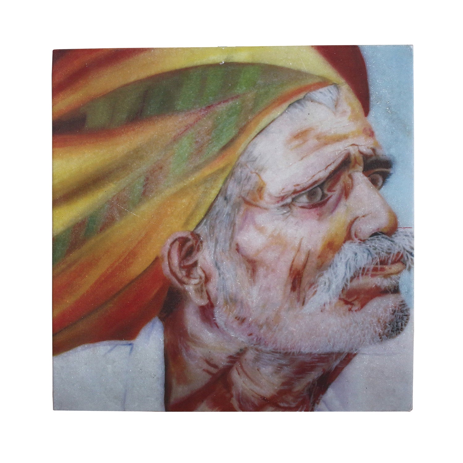 Rajasthani Old Man Wearing Turban Painting On Marble Square Tile 1