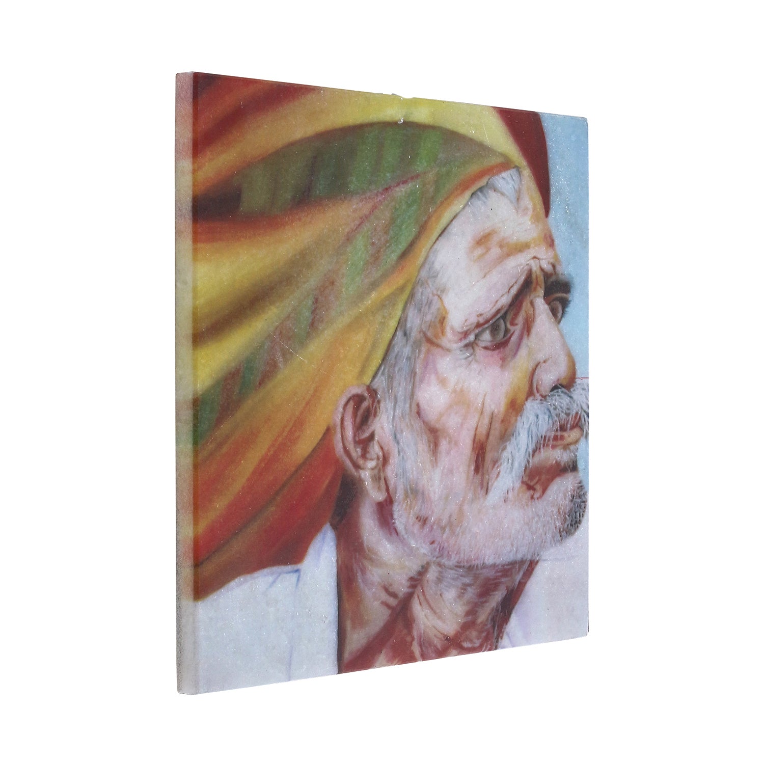 Rajasthani Old Man Wearing Turban Painting On Marble Square Tile 3