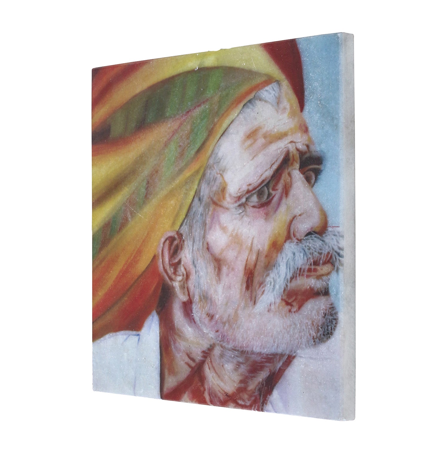 Rajasthani Old Man Wearing Turban Painting On Marble Square Tile 4