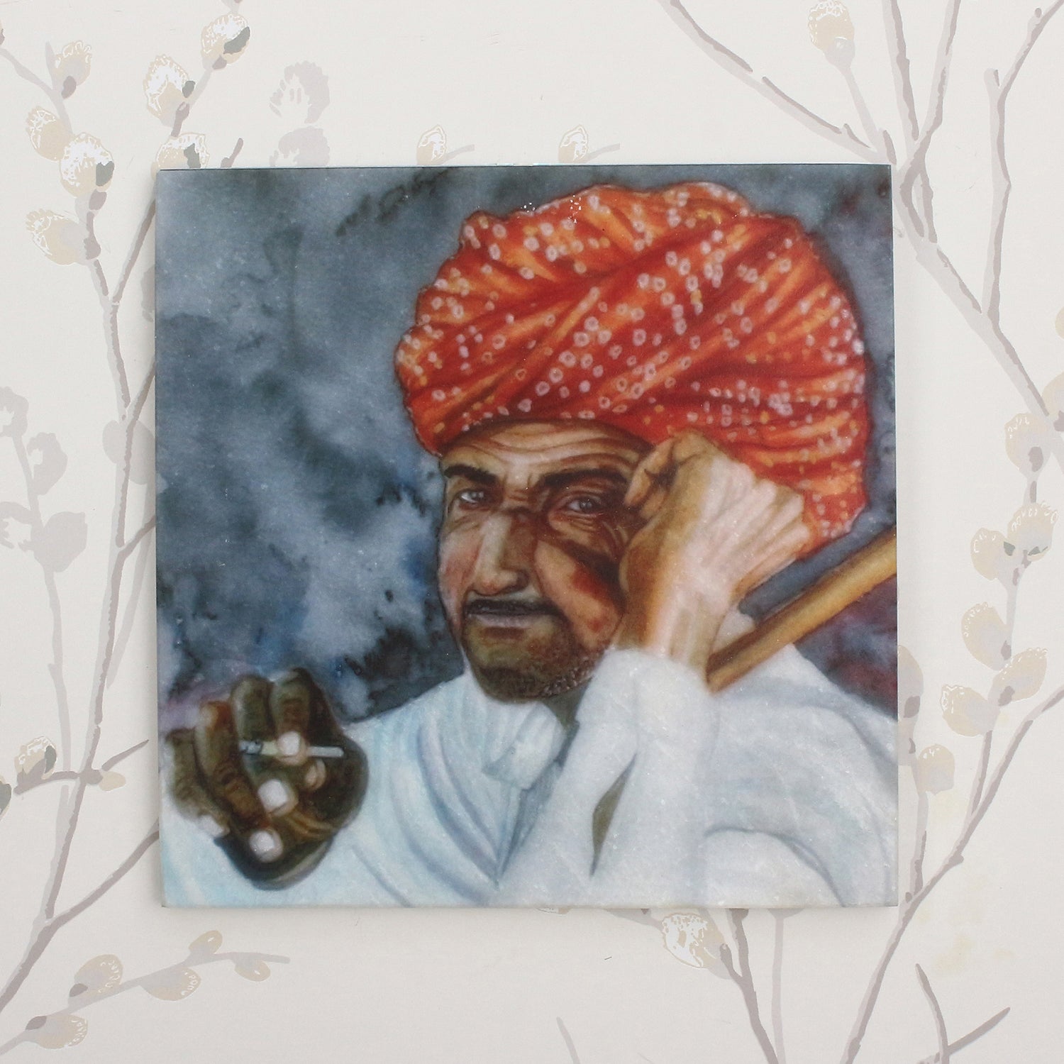 Rajasthani Man Wearing Turban Painting On Marble Square Tile