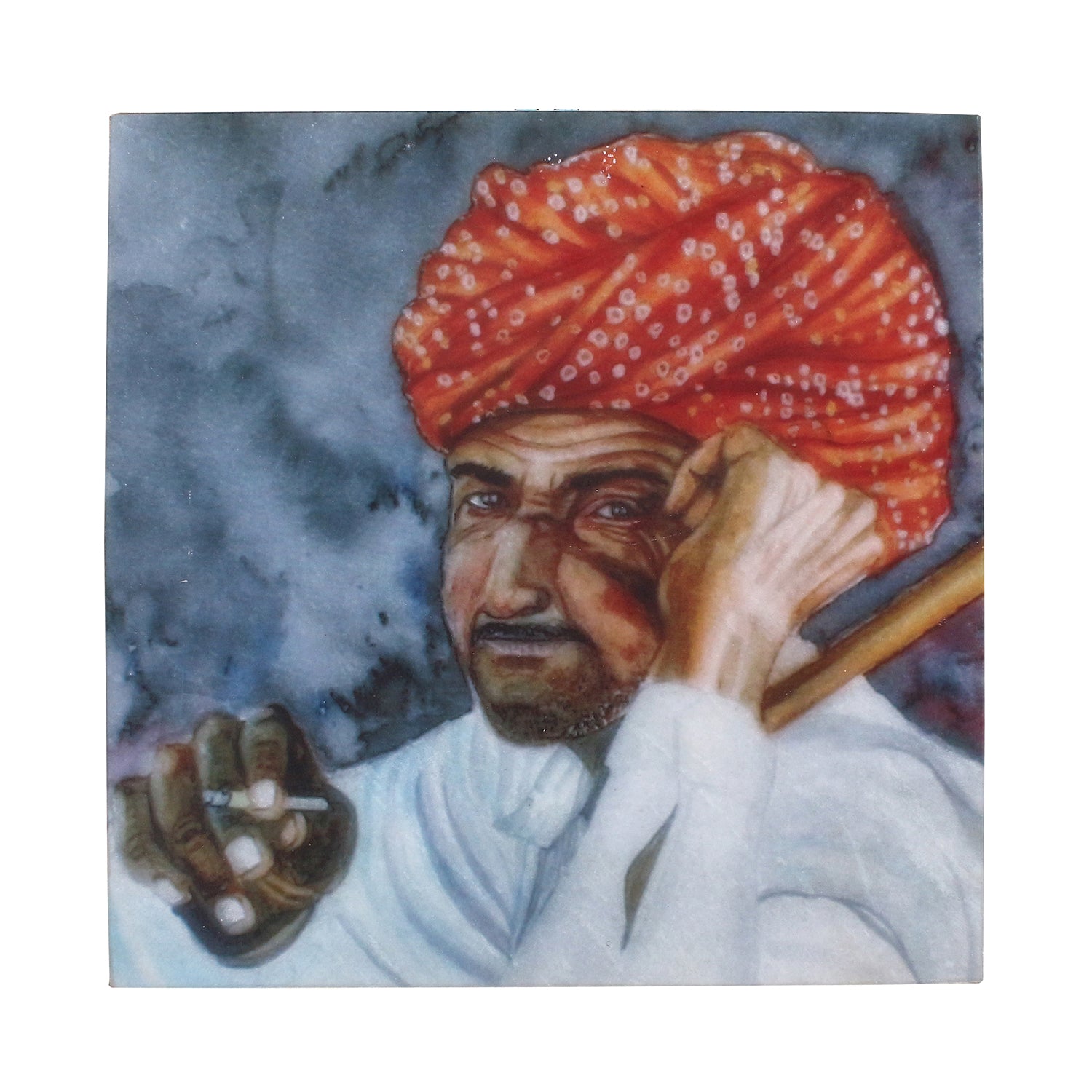 Rajasthani Man Wearing Turban Painting On Marble Square Tile 1