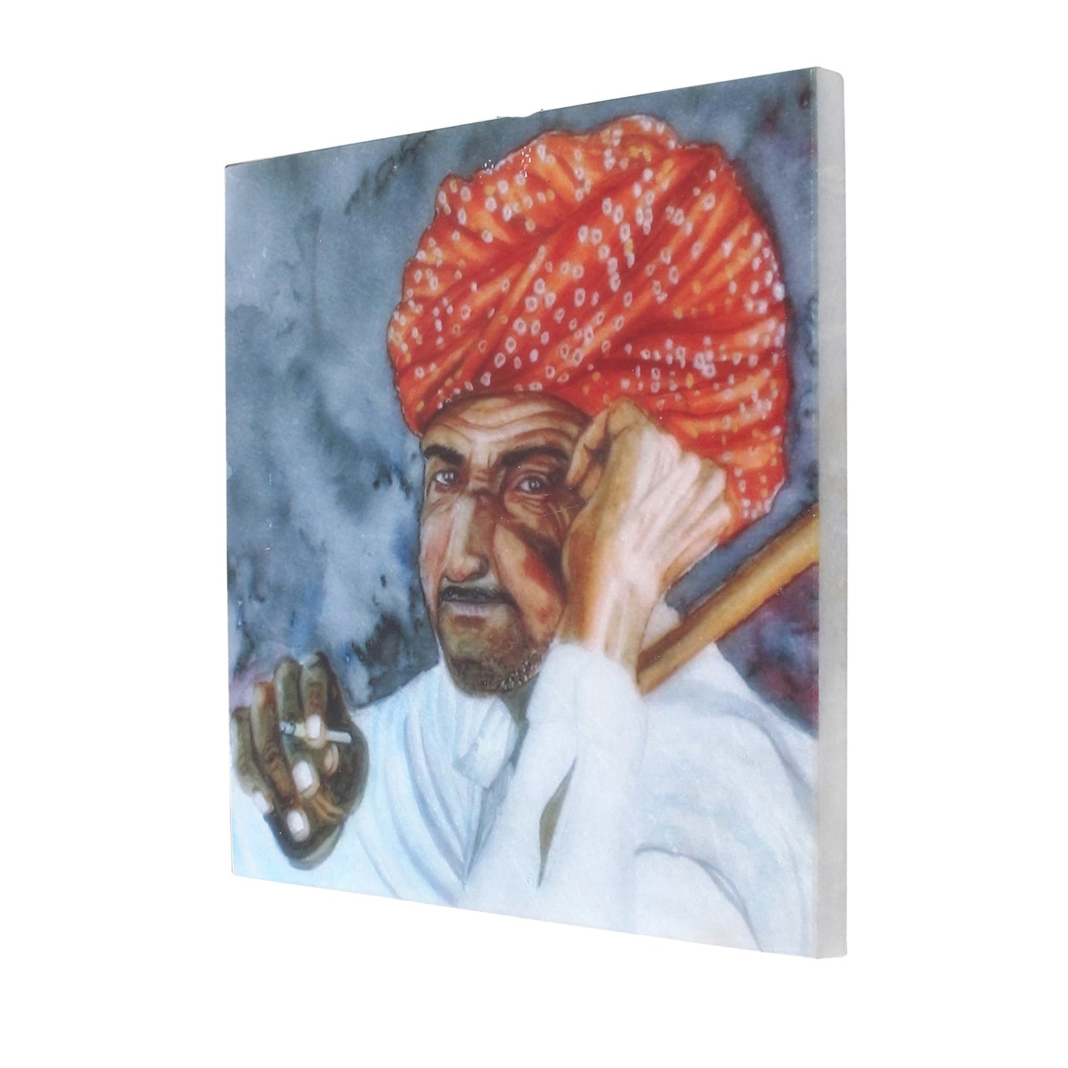 Rajasthani Man Wearing Turban Painting On Marble Square Tile 3