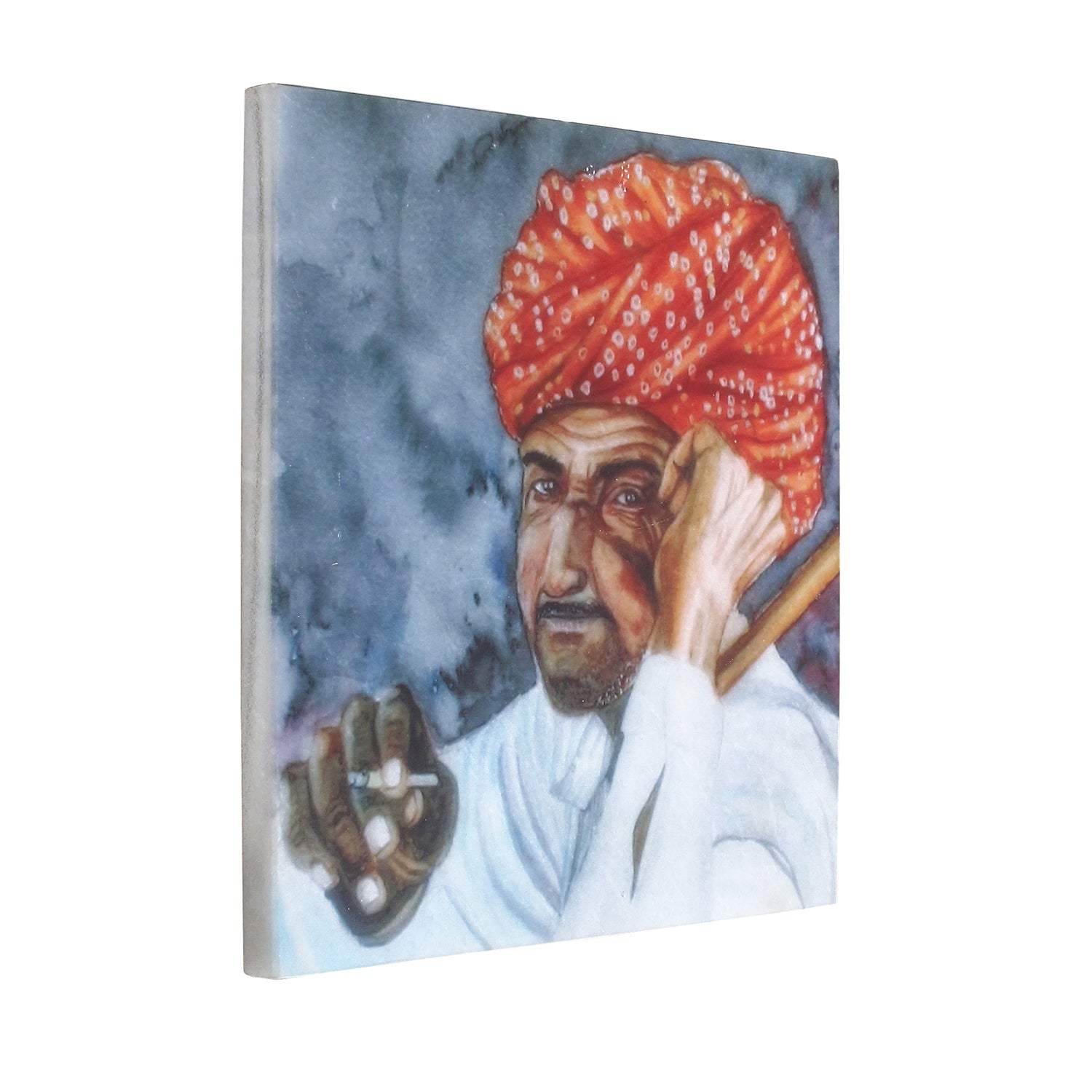 Rajasthani Man Wearing Turban Painting On Marble Square Tile 4