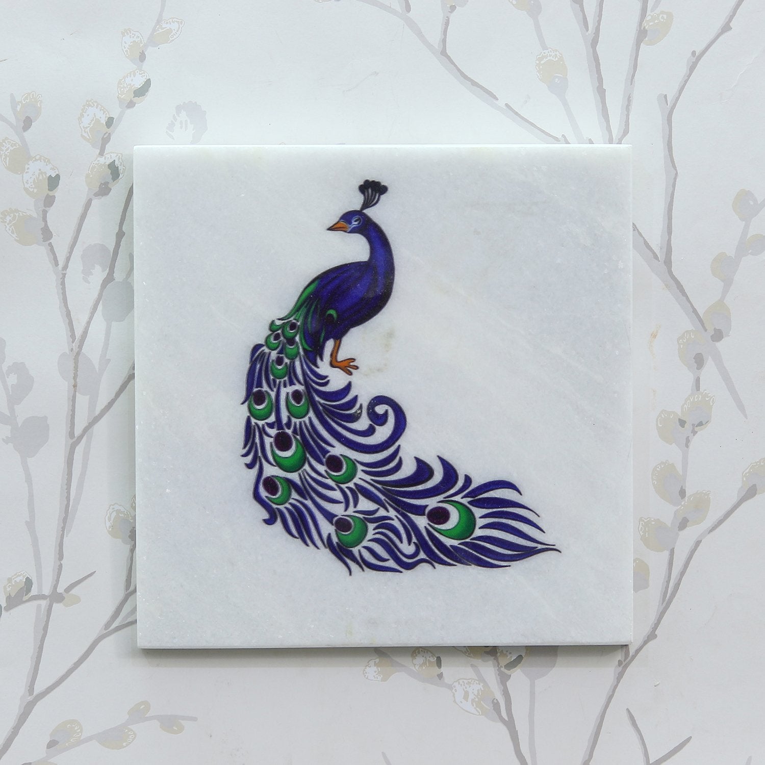 Colorful Peacock Painting On Marble Square Tile