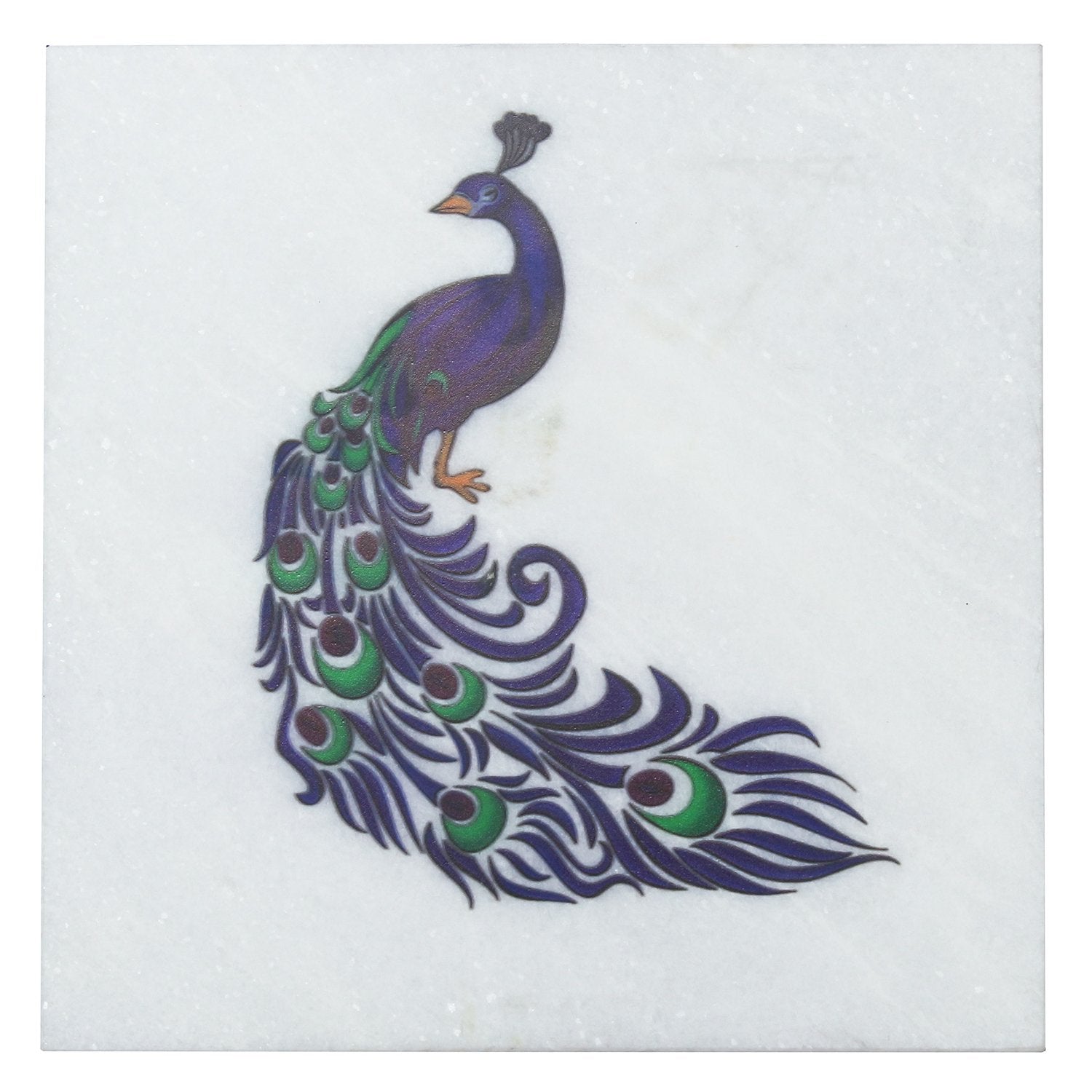 Colorful Peacock Painting On Marble Square Tile 1