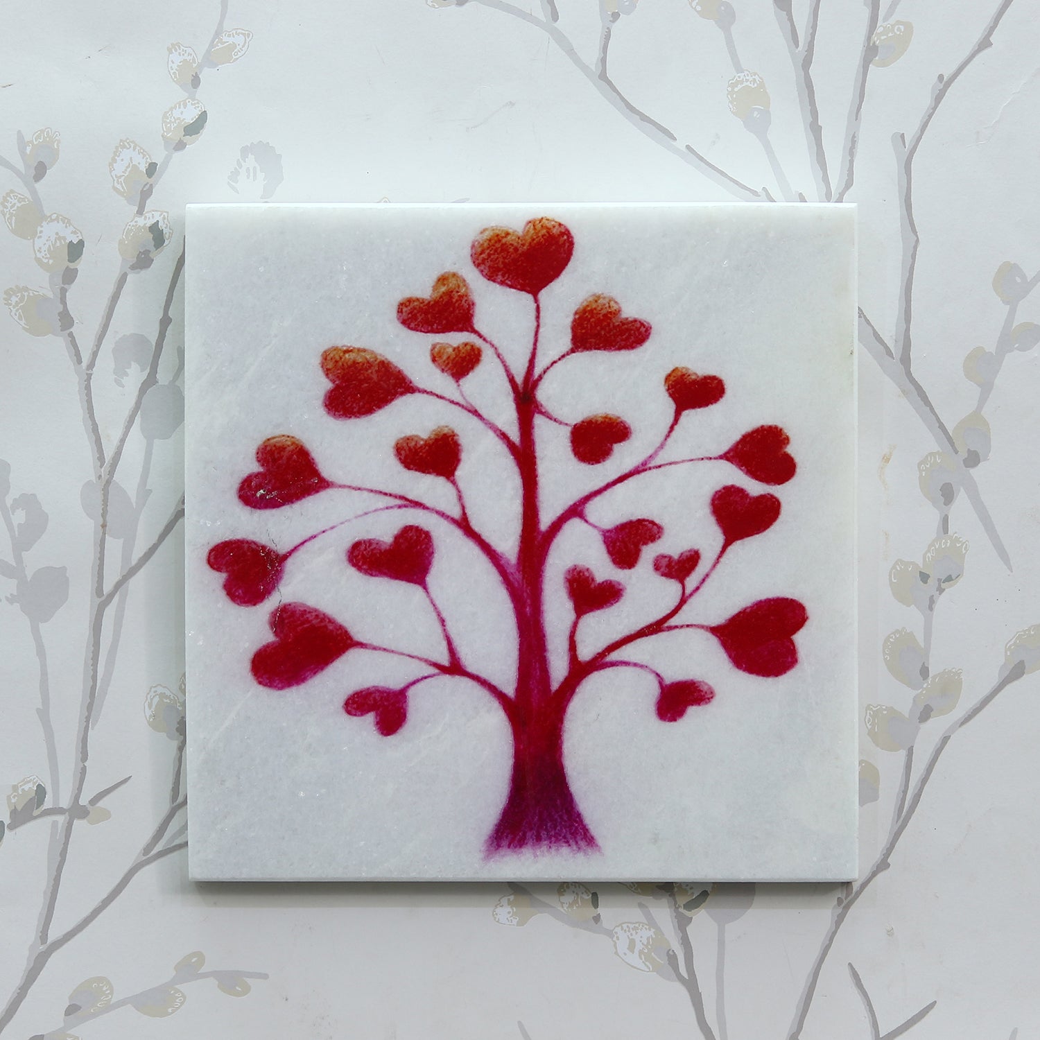 Red Hearts Tree Painting On Marble Square Tile
