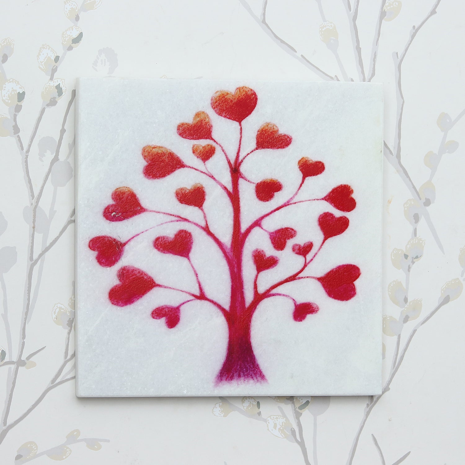 Red Hearts Tree Painting On Marble Square Tile 6
