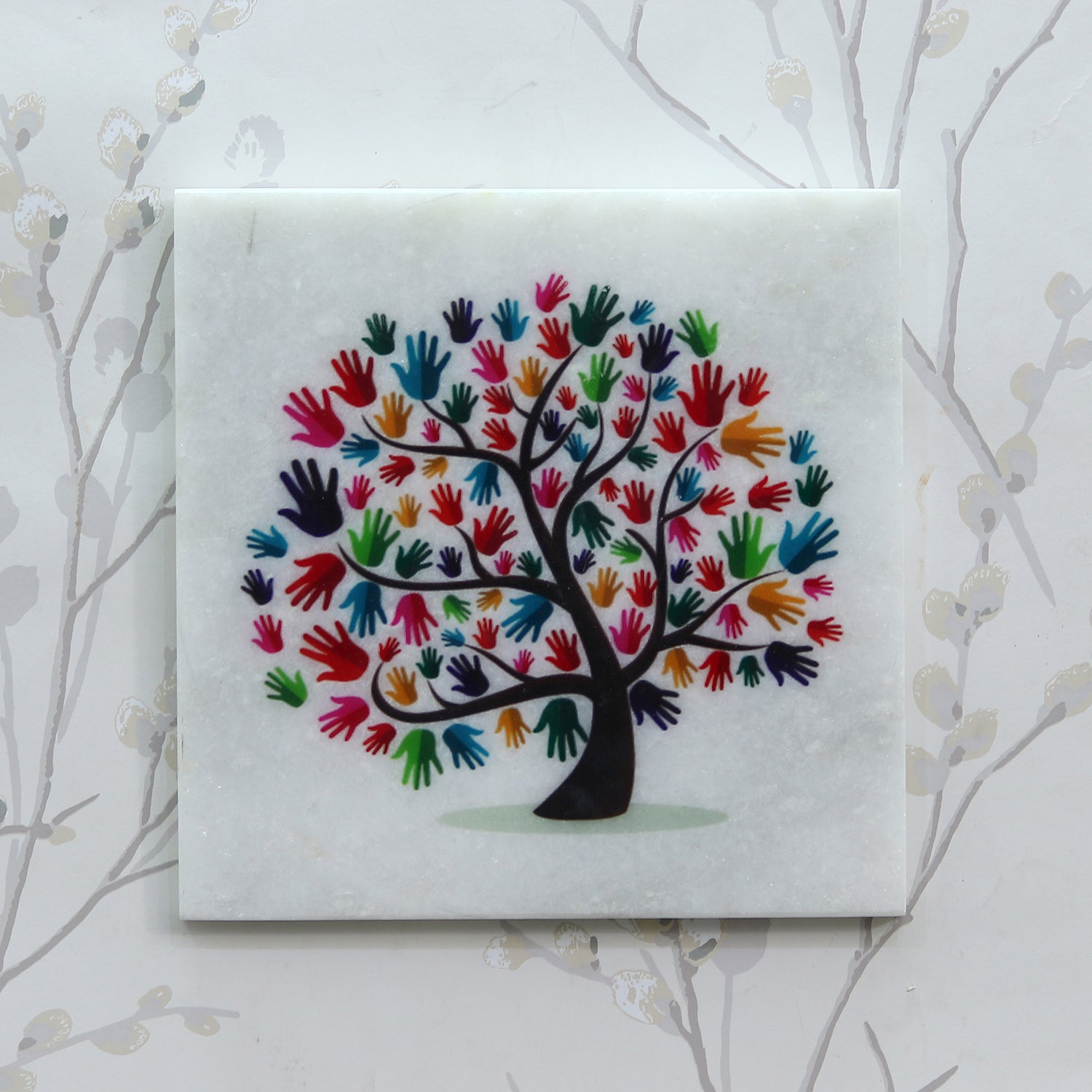Colorful Hands Tree Painting On Marble Square Tile
