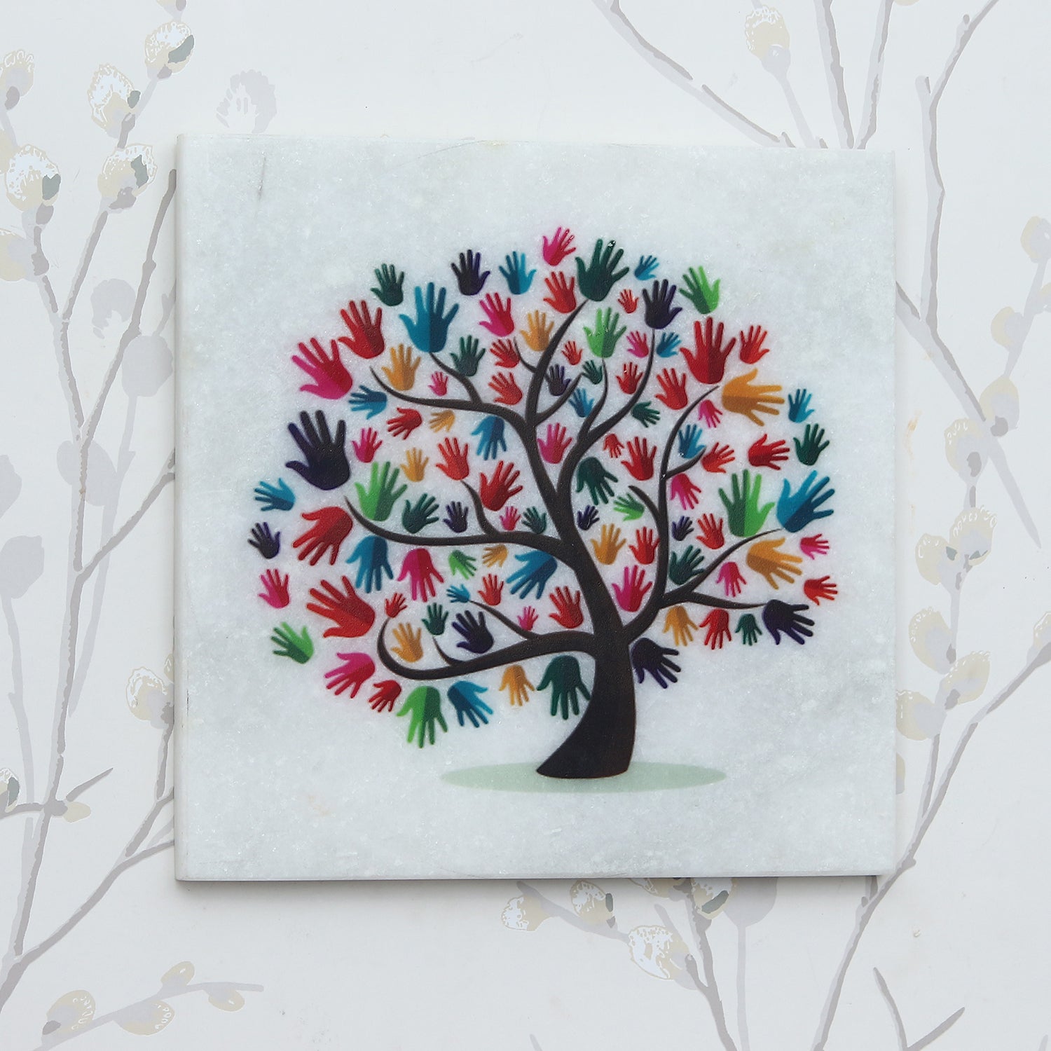 Colorful Hands Tree Painting On Marble Square Tile 6