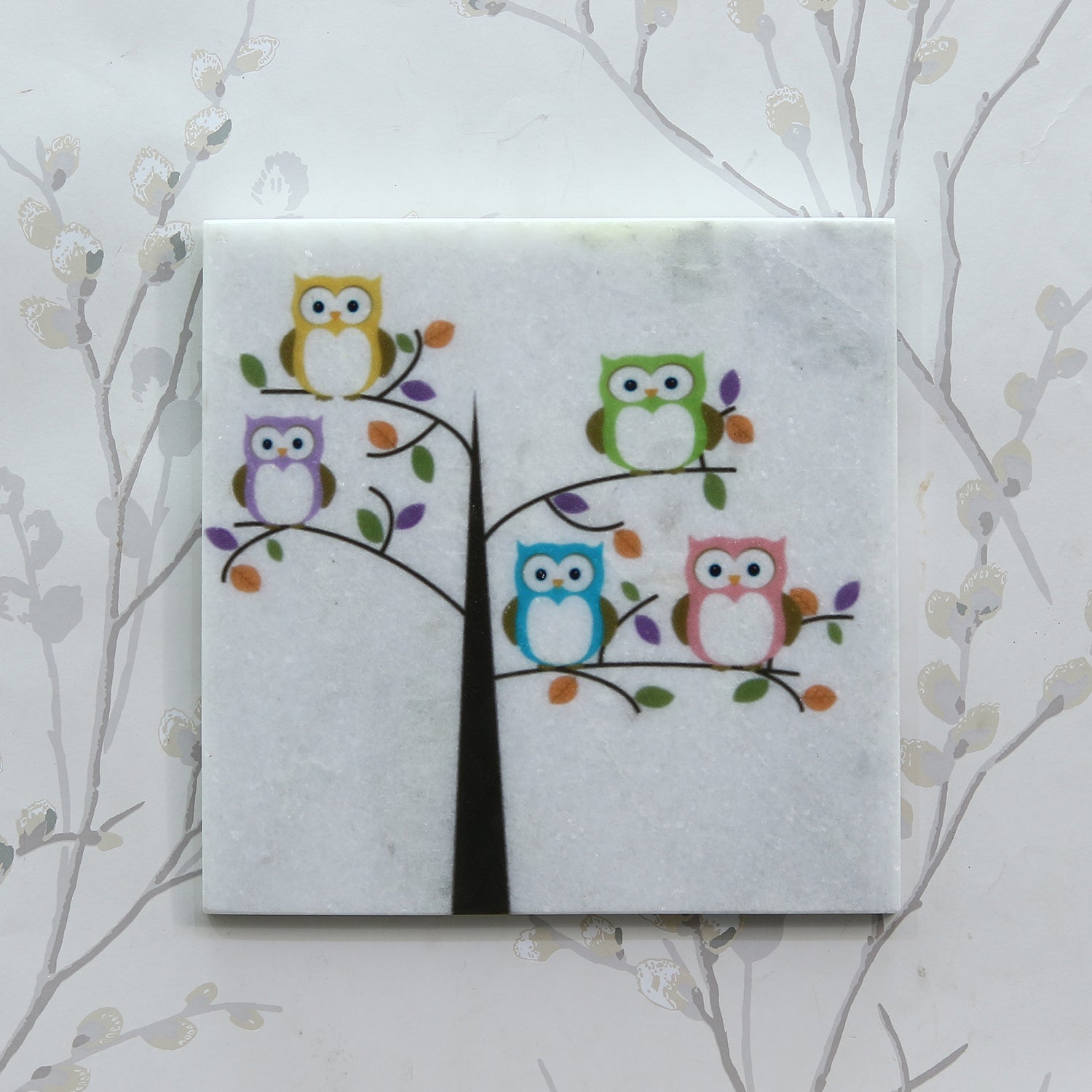 Colorful Owls sitting on a Tree Painting On Marble Square Tile