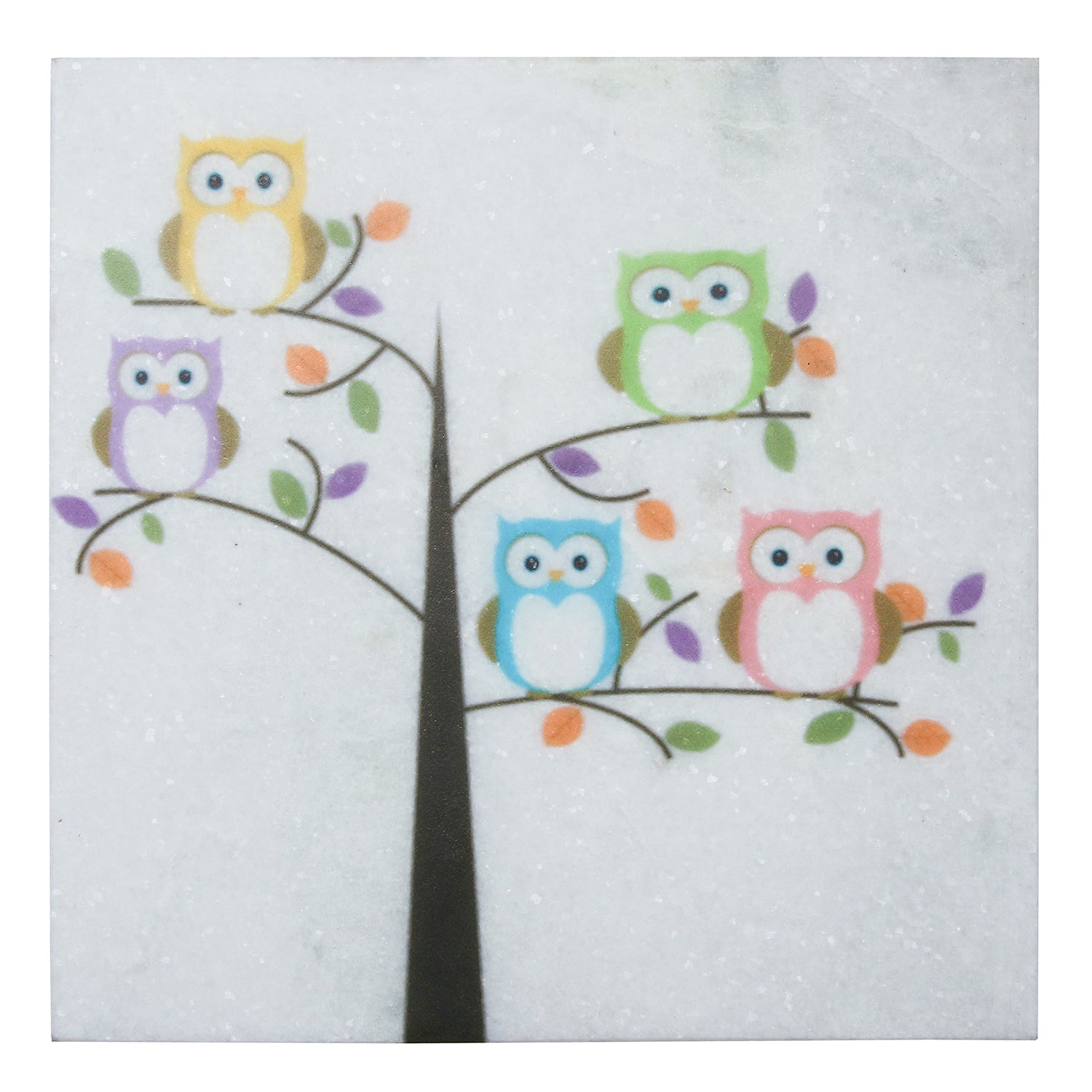 Colorful Owls sitting on a Tree Painting On Marble Square Tile 1